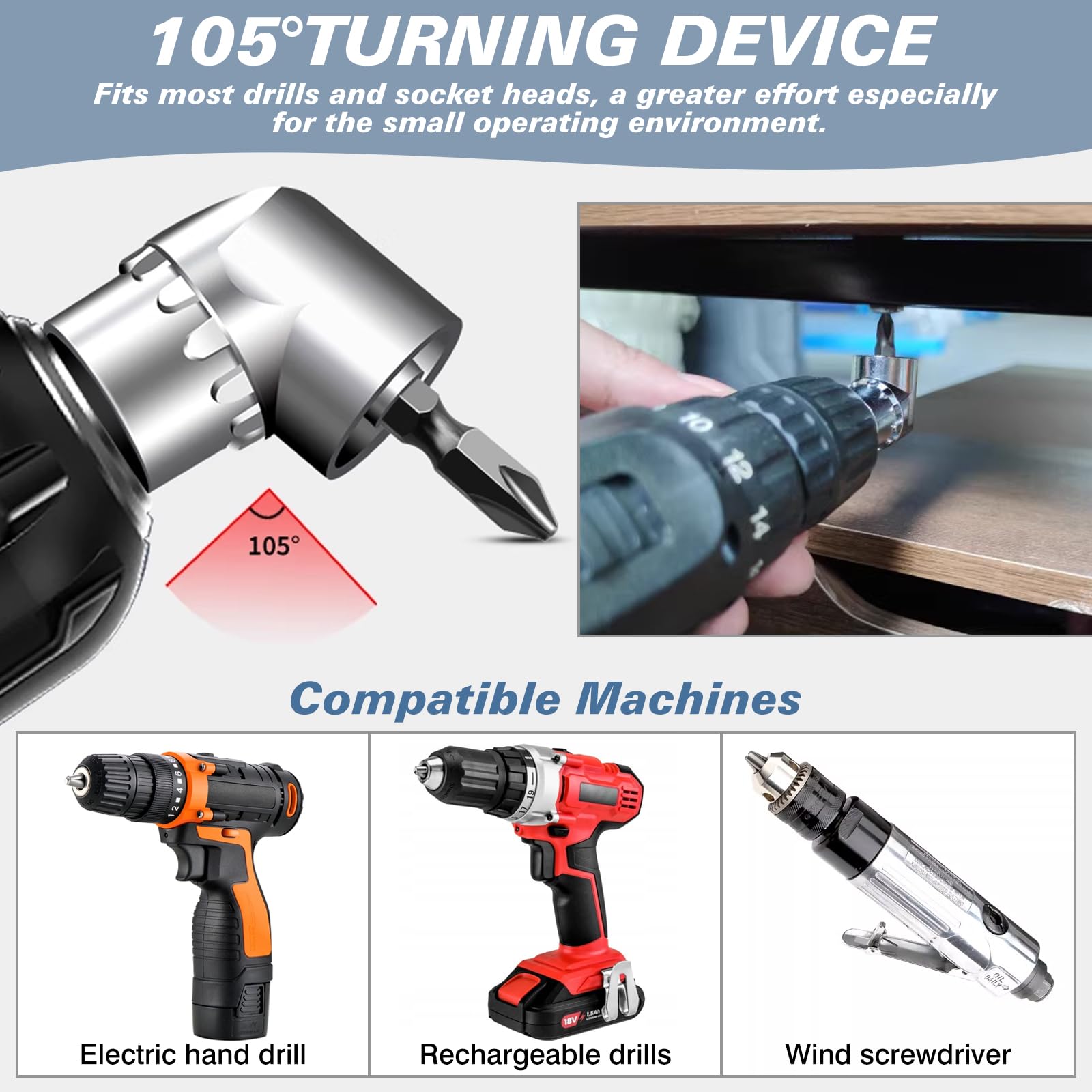 Vakki 12 Pack 105 Degree Right Angle Drill Attachment with 10cm Magnetic Extension Bit Holder and 10 Screwdriver Bits Set - Image 2