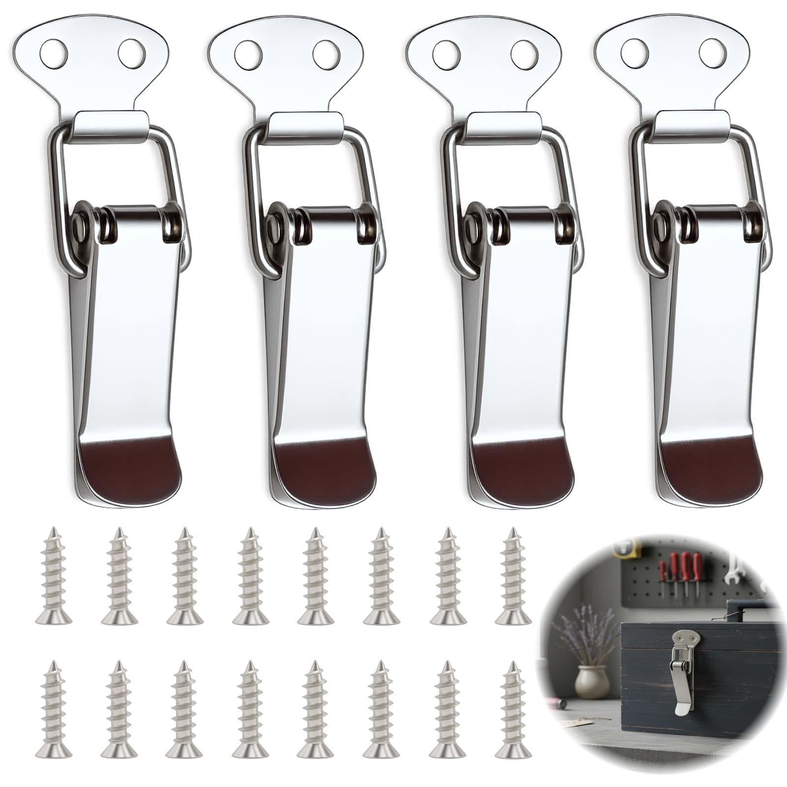 4PCS Stainless Steel Tension Clasp with Screws, 56mm Spring Toggle Latch Hasp Catch Clamp Clip, Heavy Duty Box Closure Lock for Toolbox Drawer Cabinet Chest Case Trunk Furniture Fastener Clip Silver