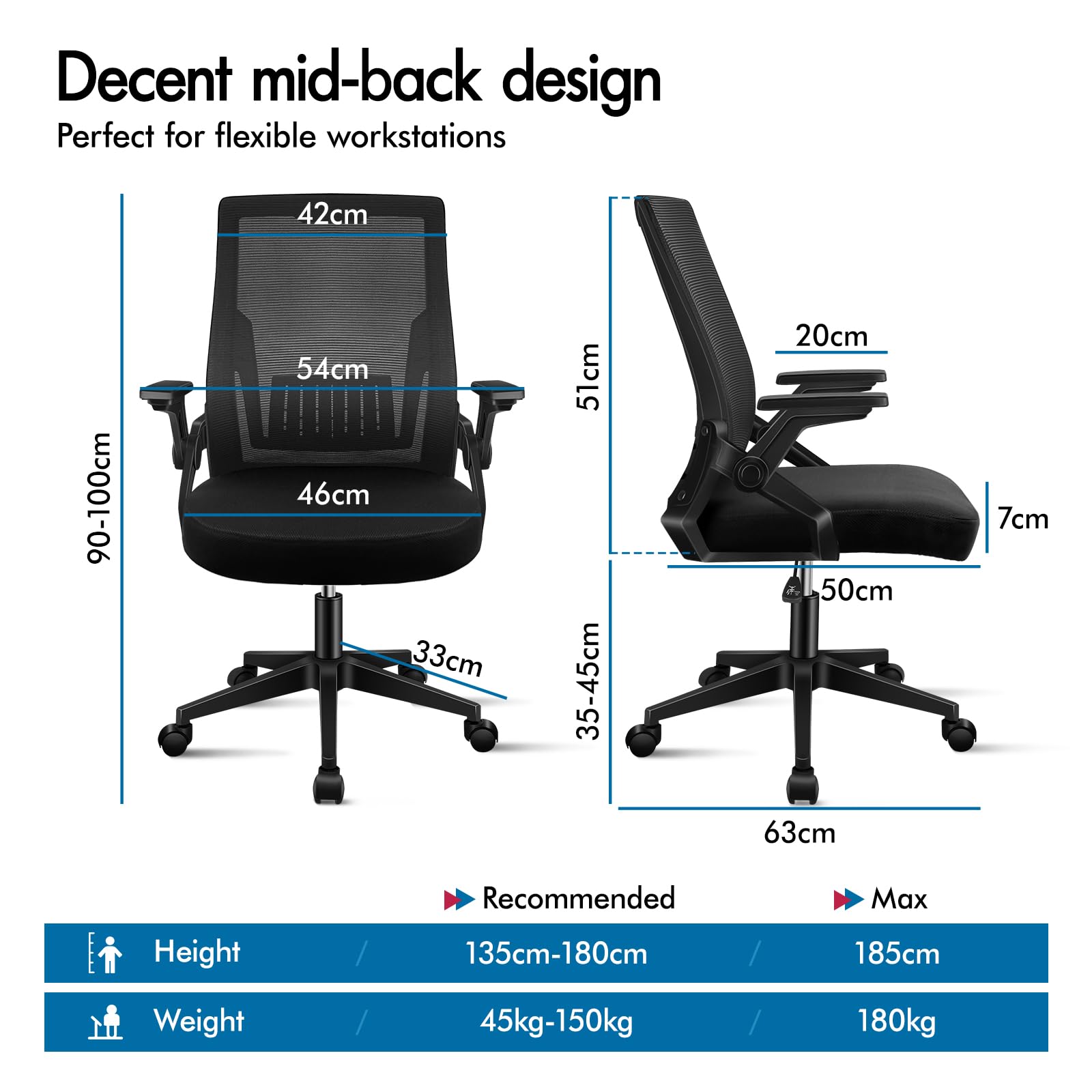 ALFORDSON Ergonomiczne krzesło biurowe, stałe oparcie z podparciem lędźwiowym, siedzisko z siatki o dużej gęstości, składane podłokietniki, regulowana wysokość, nośność 180 kg, Conrad, kolor czarny