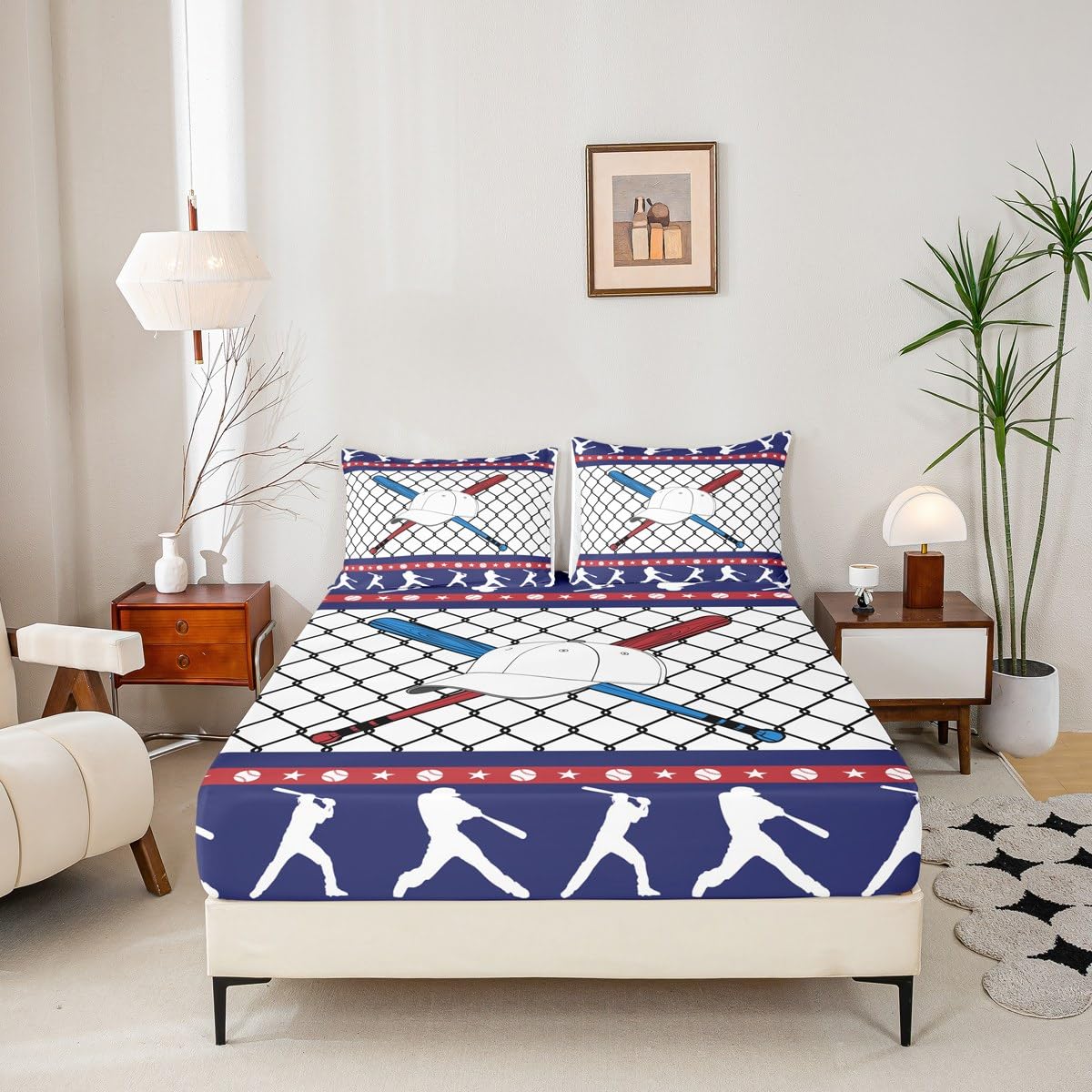 Baseball Fitted Sheet Full Size 3 Pcs,Sporting Athlete Silhouette Navy White Collections(No Flat Sheet),Baseball Bat Cap Modern Game Sports Bedding Deep Pocket for Kids