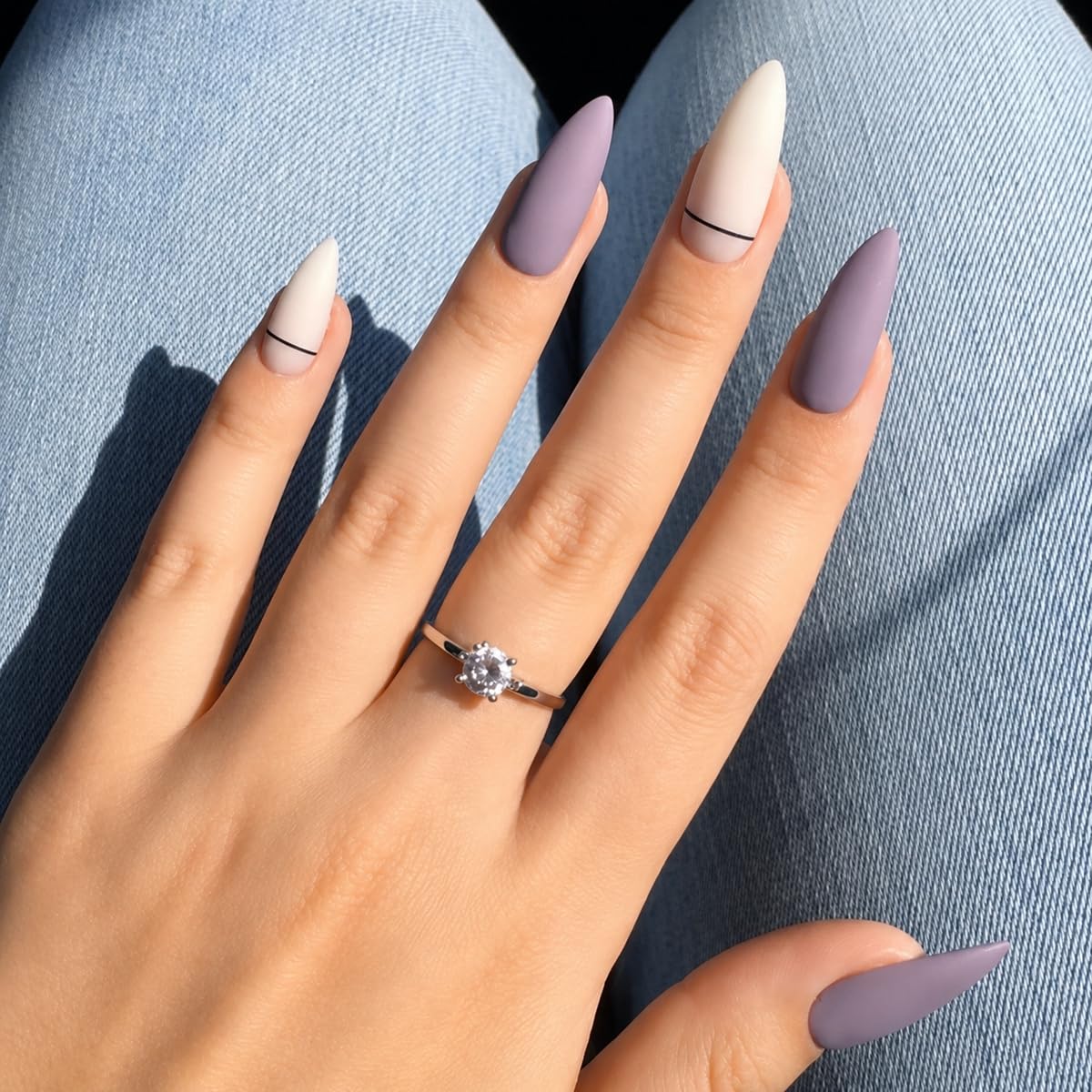 Emqueen Purple White Color Matt Finish Press On Nails | 24-Piece Reusable Stick -On Fake Nails Set | Easy Glue-On Application | Long-Lasting Shine | Artificial Nail Extensions for Women & Girls-image-28
