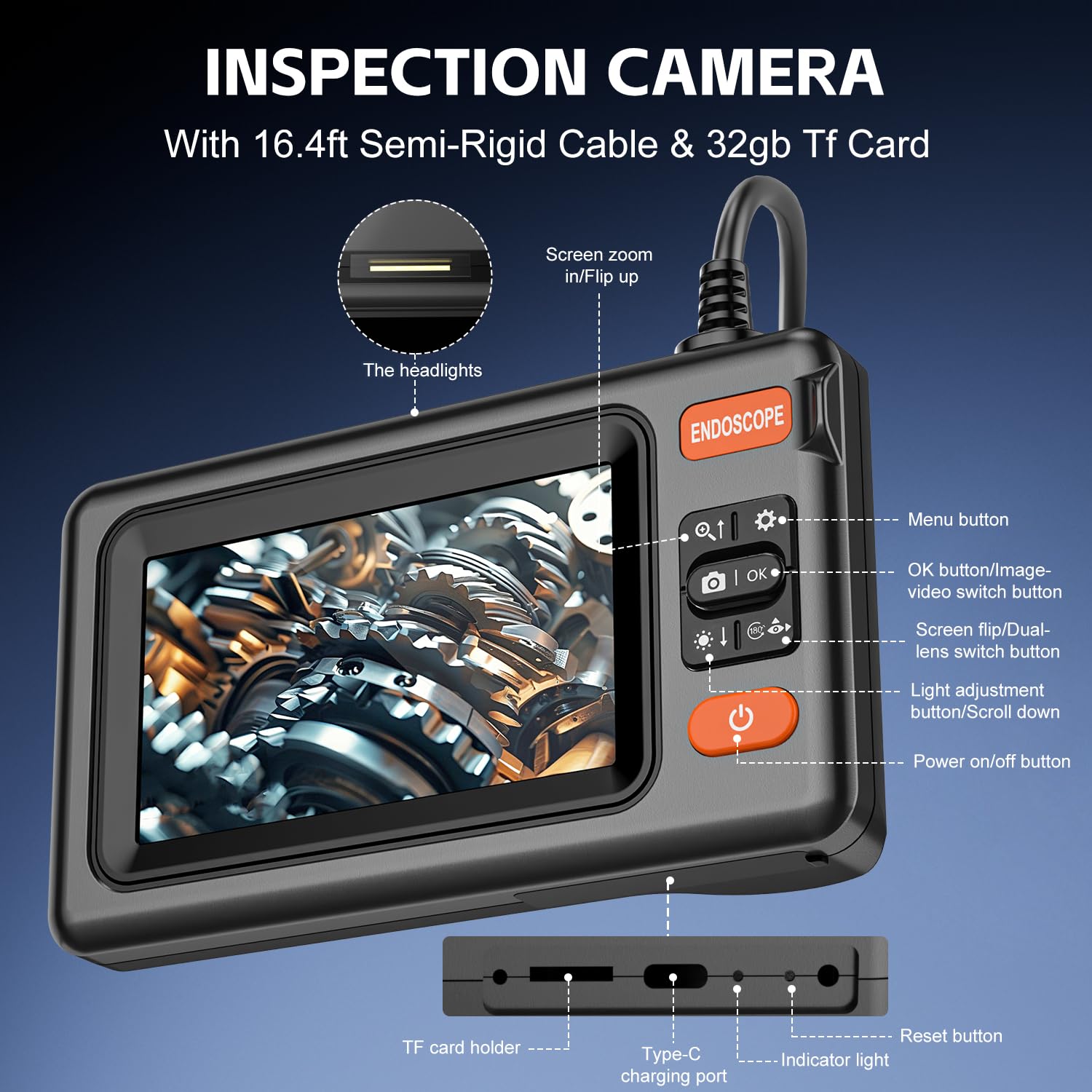 Telecamera endoscopica a doppia lente con luce, 1920P HD periscopio con LCD da 4,3", 8 LED regolabili, cavo semirigido da 16,4 m e scheda da 32 GB, periscopio ispezione impermeabile IP67 per