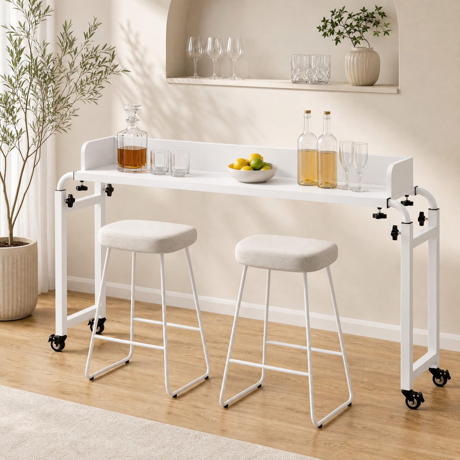 KOMFOTTEU Mesa de Sobrecama con Ruedas, 136-206 x 40 x 74-103 cm (Blanco)