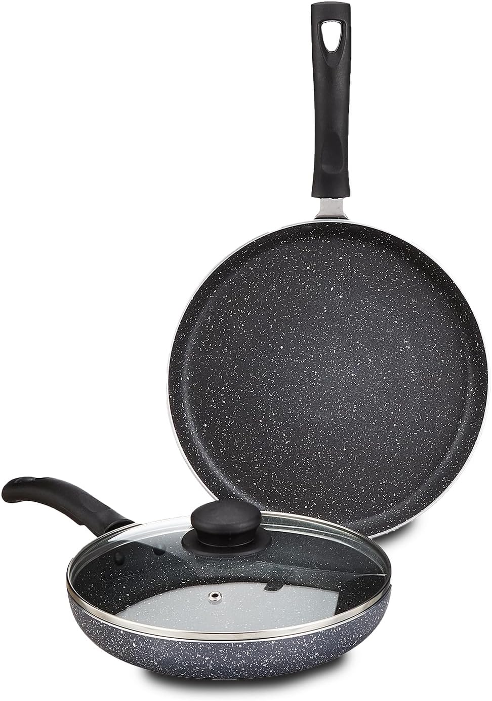 Amazon Brand - Solimo Aluminium 3 Piece Non-Stick Cookware Set|Granite Finish|Induction Base|Pfoa Free|High Temperature Resistant Exterior Coating|25 Cm Tawa,22 Cm Fry Pan,1 Glass Lid|Grey