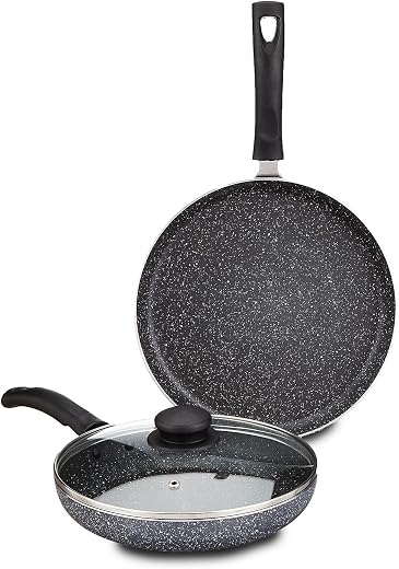 Amazon Brand - Solimo Aluminium 3 Piece Non-Stick Cookware Set|Granite Finish|Induction Base|Pfoa Free|High Temperature Re...