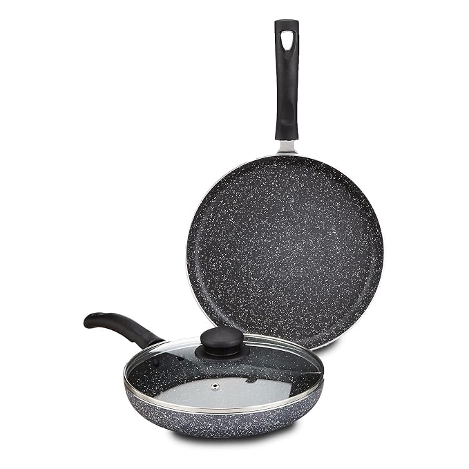 Amazon Brand - Solimo Aluminium 3 Piece Non-Stick Cookware Set Granite Finish Induction Base Pfoa Free High Temperature Resistant Exterior Coating 25 Cm Tawa,22 Cm Fry Pan,1 Glass Lid Grey