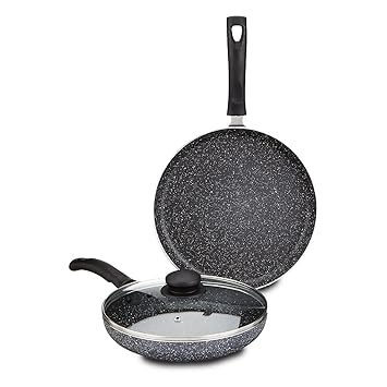 Amazon Brand - Solimo Aluminium 3 Piece Non-Stick Cookware Set|Granite Finish|Induction Base|Pfoa Free|High Temperature Resistant Exterior Coating|25 Cm Tawa,22 Cm Fry Pan,1 Glass Lid|Grey