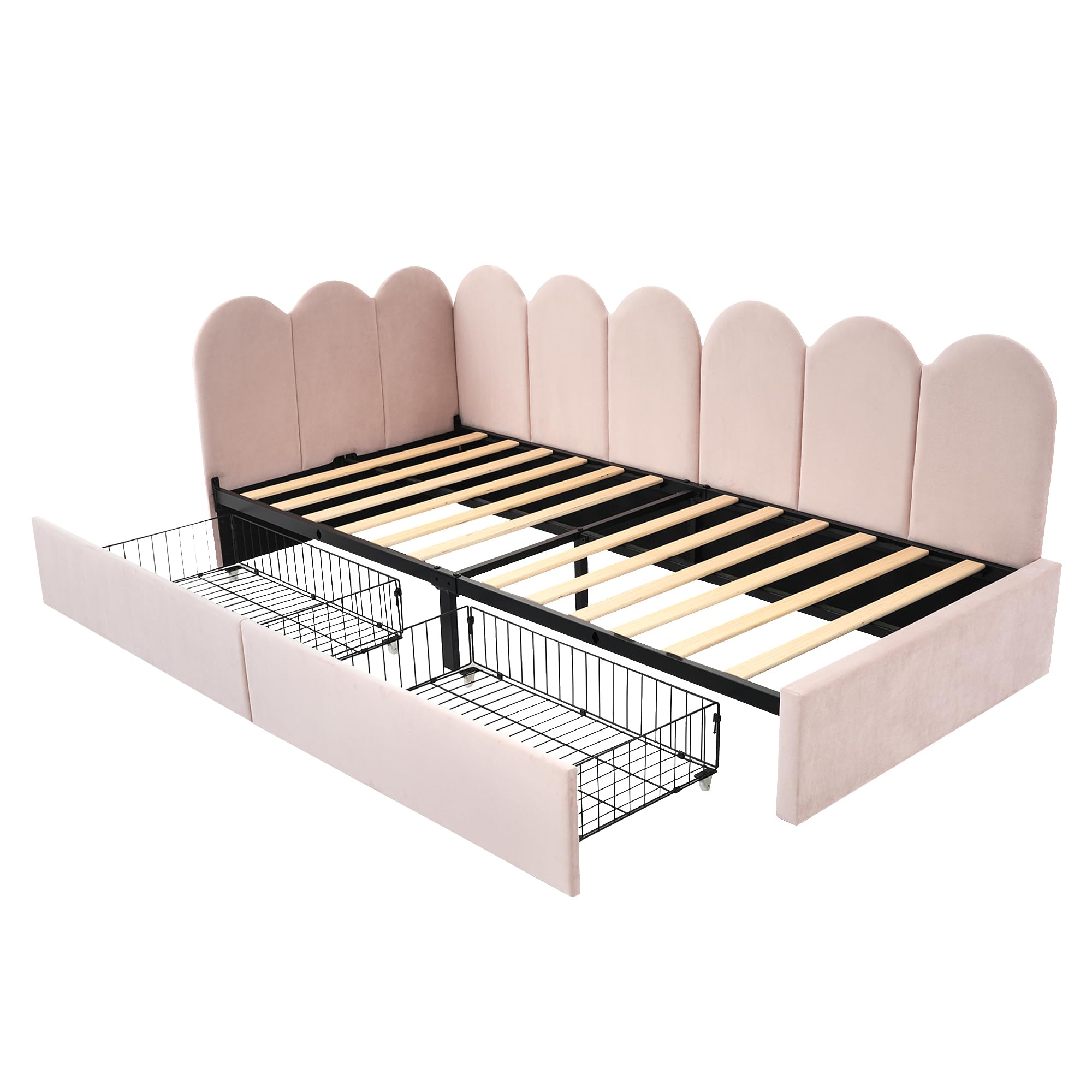 Letto singolo imbottito 90x200cm, con cassetti letto contenitore, divano letto diurno con rete a doghe letto per giovani e adulti letto per bambini, Rosa