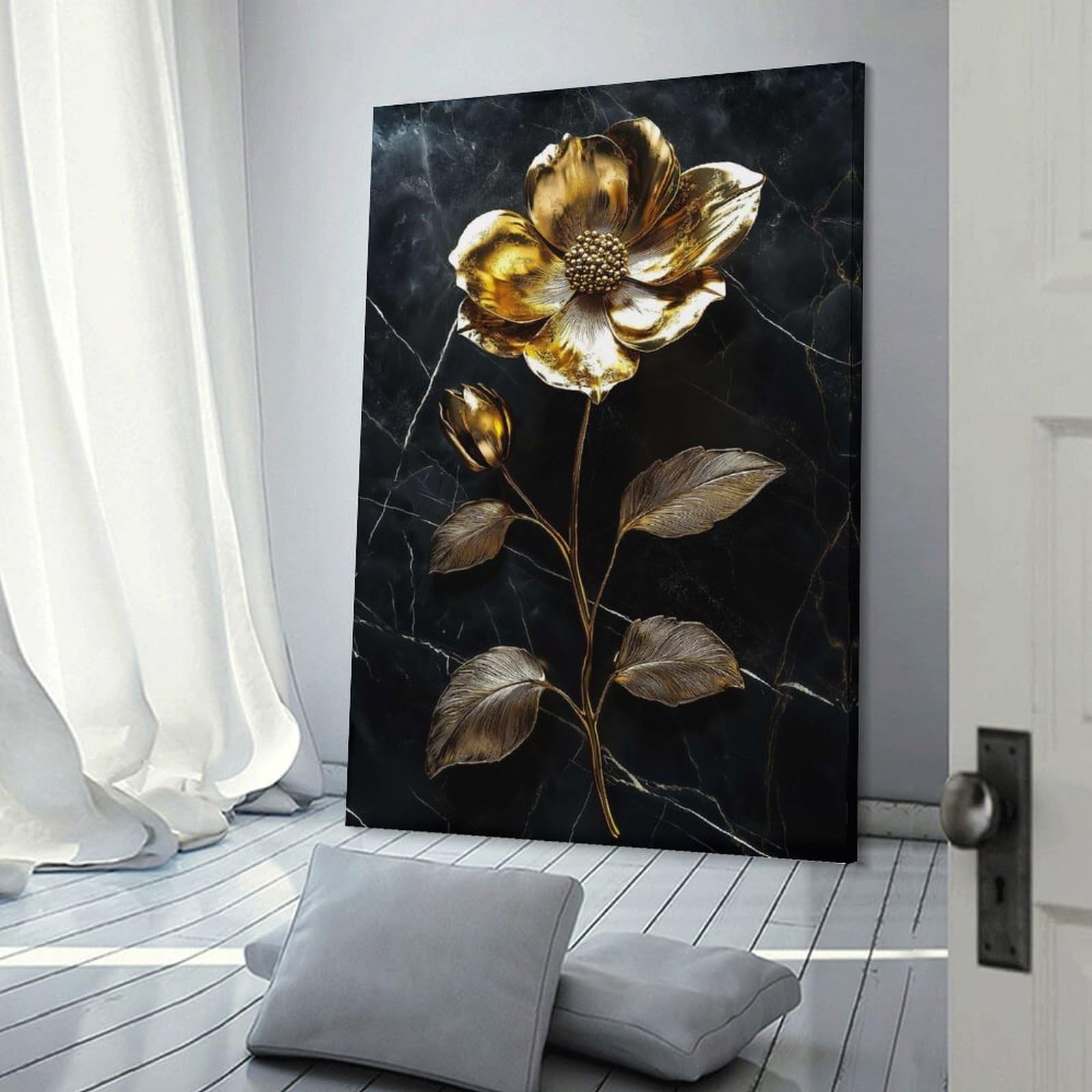 Junmoney Frame-Style-8 Canvas Wall Art Golden Flower On Marble Background, 20X30inch(50X75cm), For Lounge, Study, Hallway Or Flat Walls, Canvas Wall Art That Fits Changing Layouts