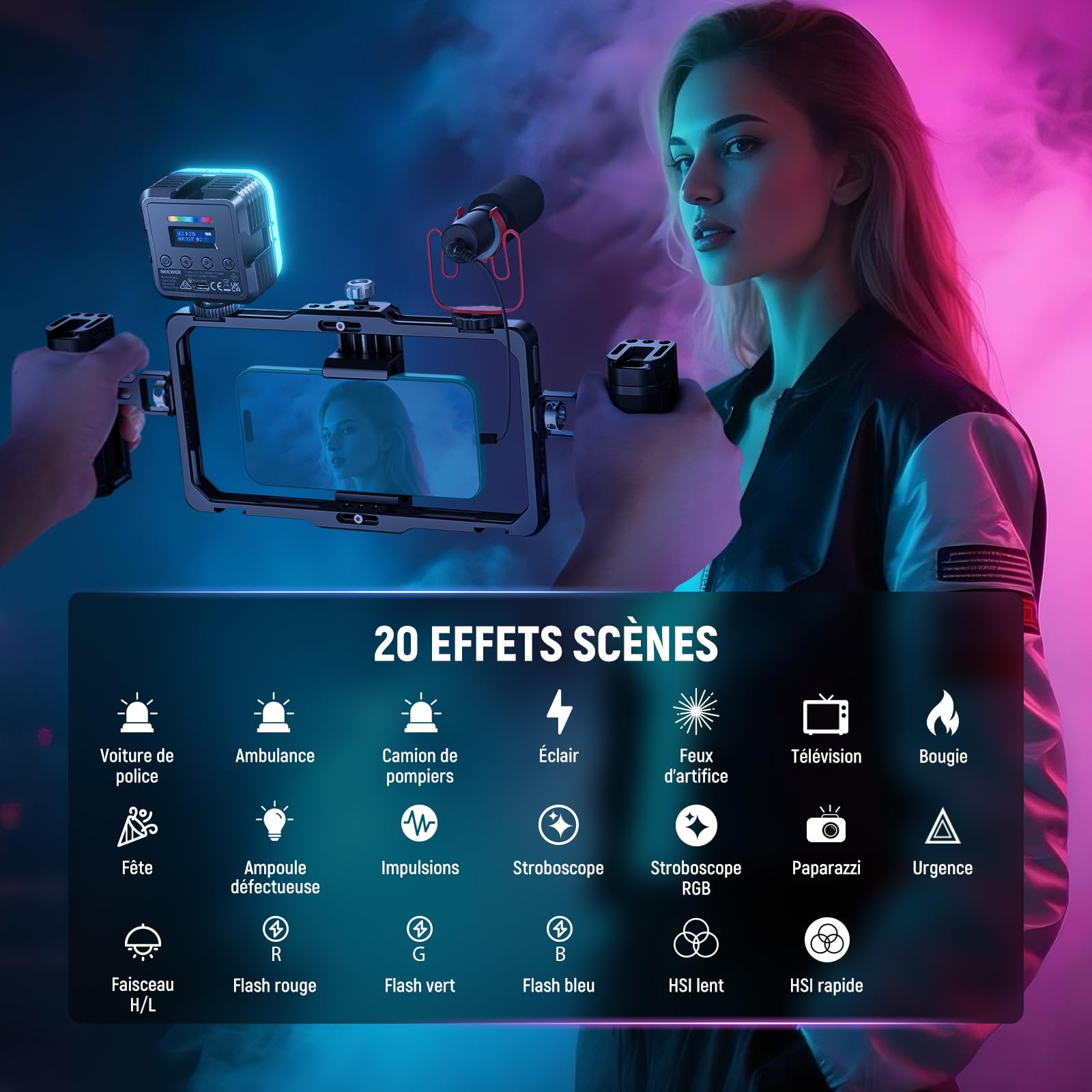 NEEWER Lampe Magnétique RGB pour Appareil Photo,360° Couleur RGB61 CRI97+ 2500-8500K 2000mAh Petit Panneau LED Portable pour Enregistrement Vidéo Streaming,3 Sabot Froid,20 Scènes,Chiffon de Nettoyage