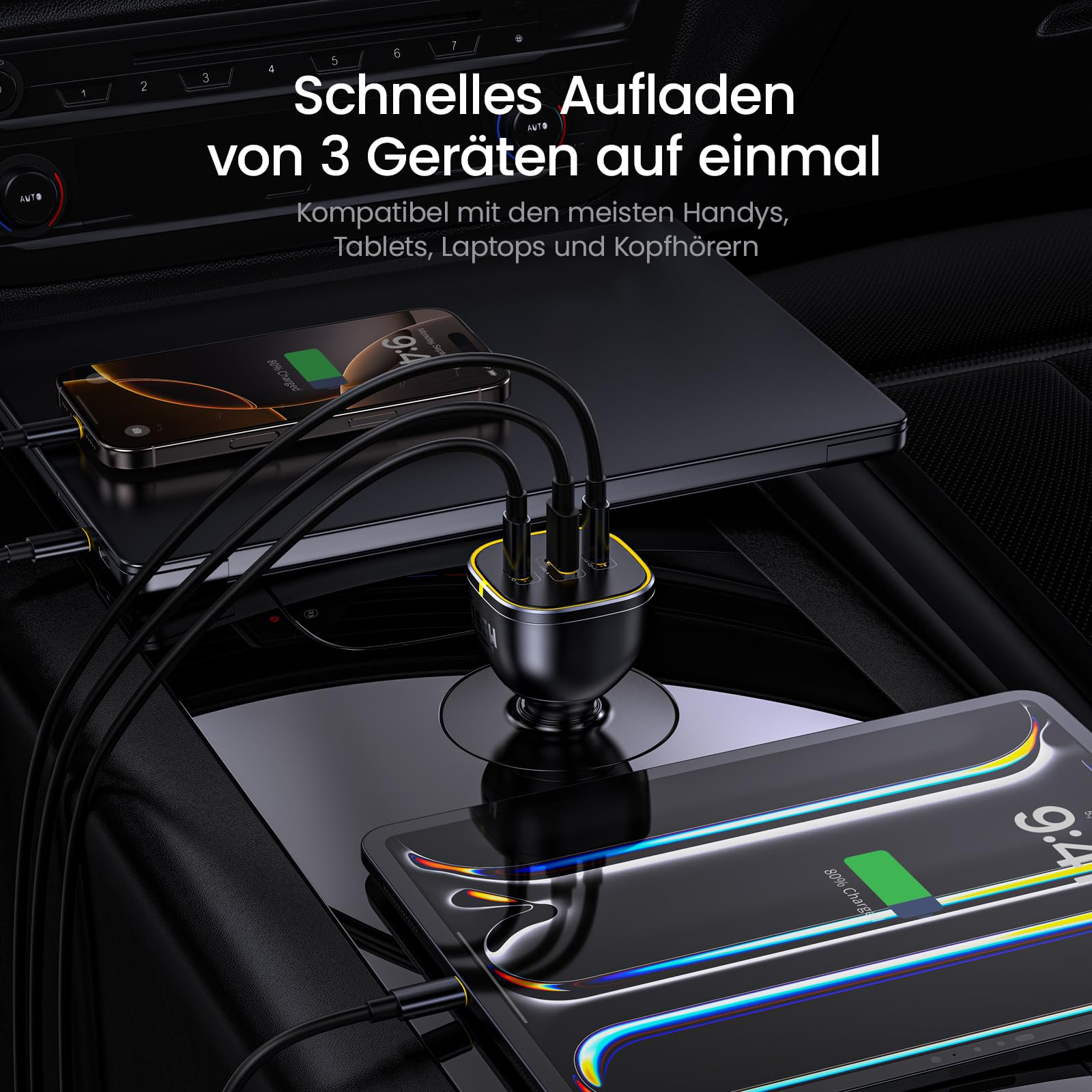 AOHI 165W Laptop Auto Ladegerät 140W PD 3.1/ 100W PD 3.0 USB C Superschnellladegerät PPS 45W 3-Ports QC5.0 Zigarettenanzünder-Ladegerät für MacBook Pro, iPhone 17/16, Galaxy S25 Ultra, iPad, Schwarz
