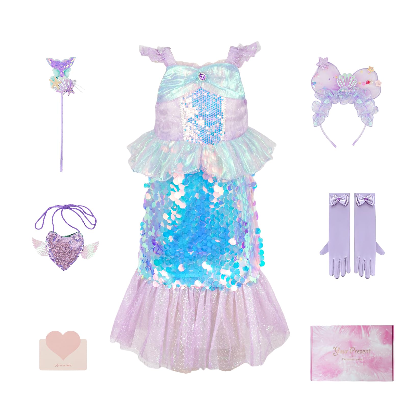 Mädchen Kleid (95-140cm) 4-9 Jahre Geschenkset mit Accessoires | Ärmellos Prinzessin-Stil Baumwollfutter,für Geburtstag Hochzeit Sommerfest Party,Kindertag
