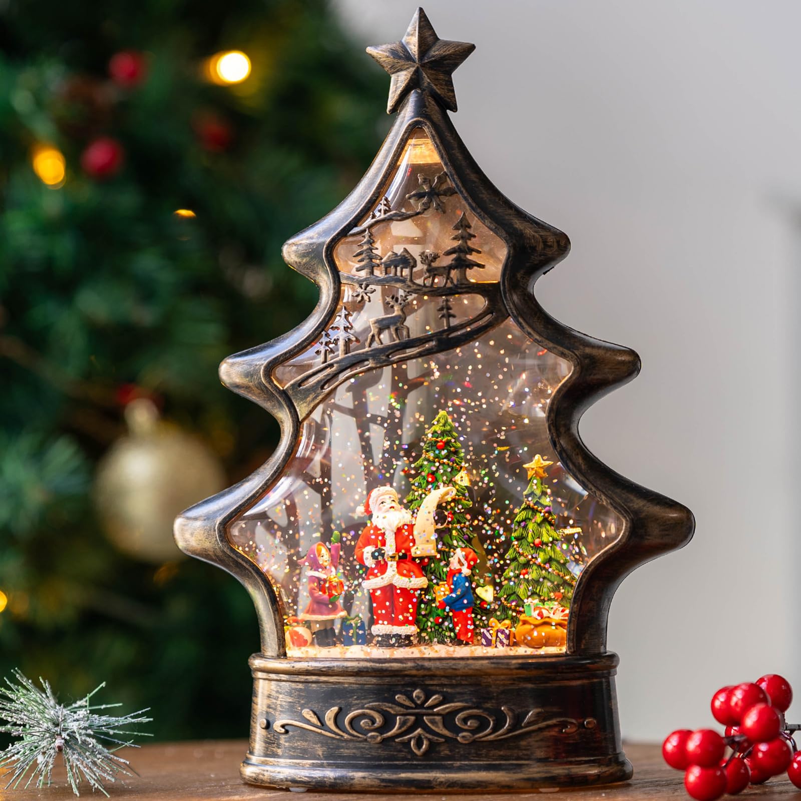 Christmas Snow Globe Lantern Water Glittering Santa's List with Music&amp; Timer, USB Lined/Battery Operated Lighted Lantern for Christmas Festival Decoration Gifts （Santa）