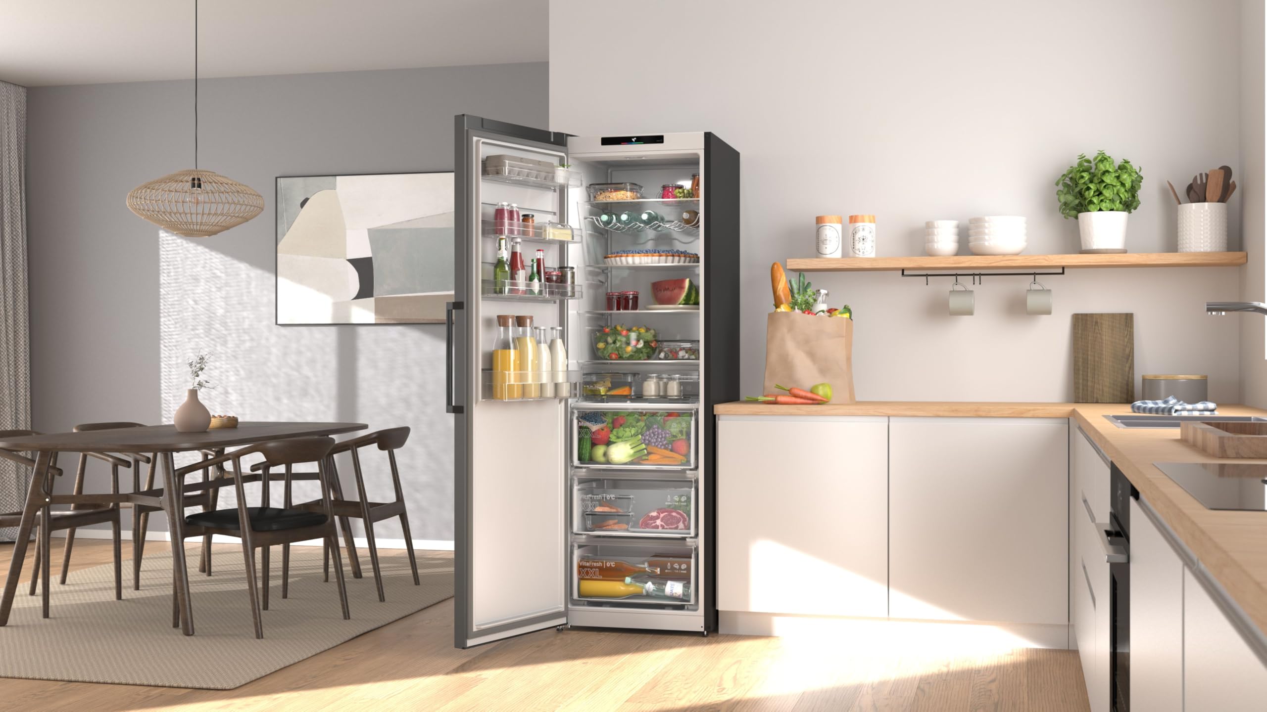 Bosch Serie 4 Smarter Freistehender Kühlschrank 186.2 x 59.5 cm KSN36VCCG | NoFrost nie wieder abtauen, 402 L Volumen, VitaFresh XXL 0 °C Zone für lange Frische, LED-Beleuchtung, MultiAirflow-System