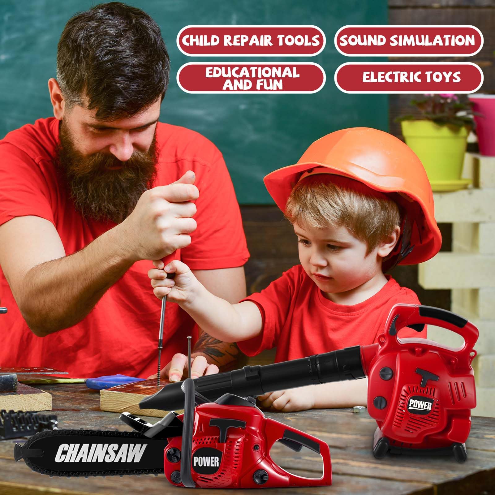 Juego de 3 herramientas de jardinería de juguete para niños, soplador de hojas, recortador de malezas, motosierra, juego de simulación con luces y sonidos de cumpleaños para niños y niñas 5