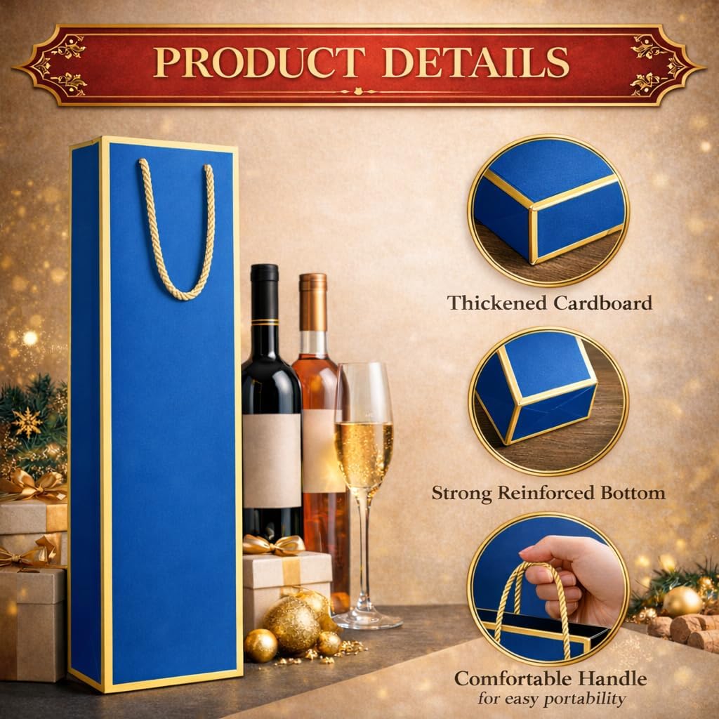 excvalues 50 Pack Wine Gift Bag for Bottles with Handles, 4.3 x 3.7 x 14 inch Heavy Duty Paper Wine Bag Bulk Wine Bags Bottle Bags for Gifts Travel & Retail Shipping(Blue)