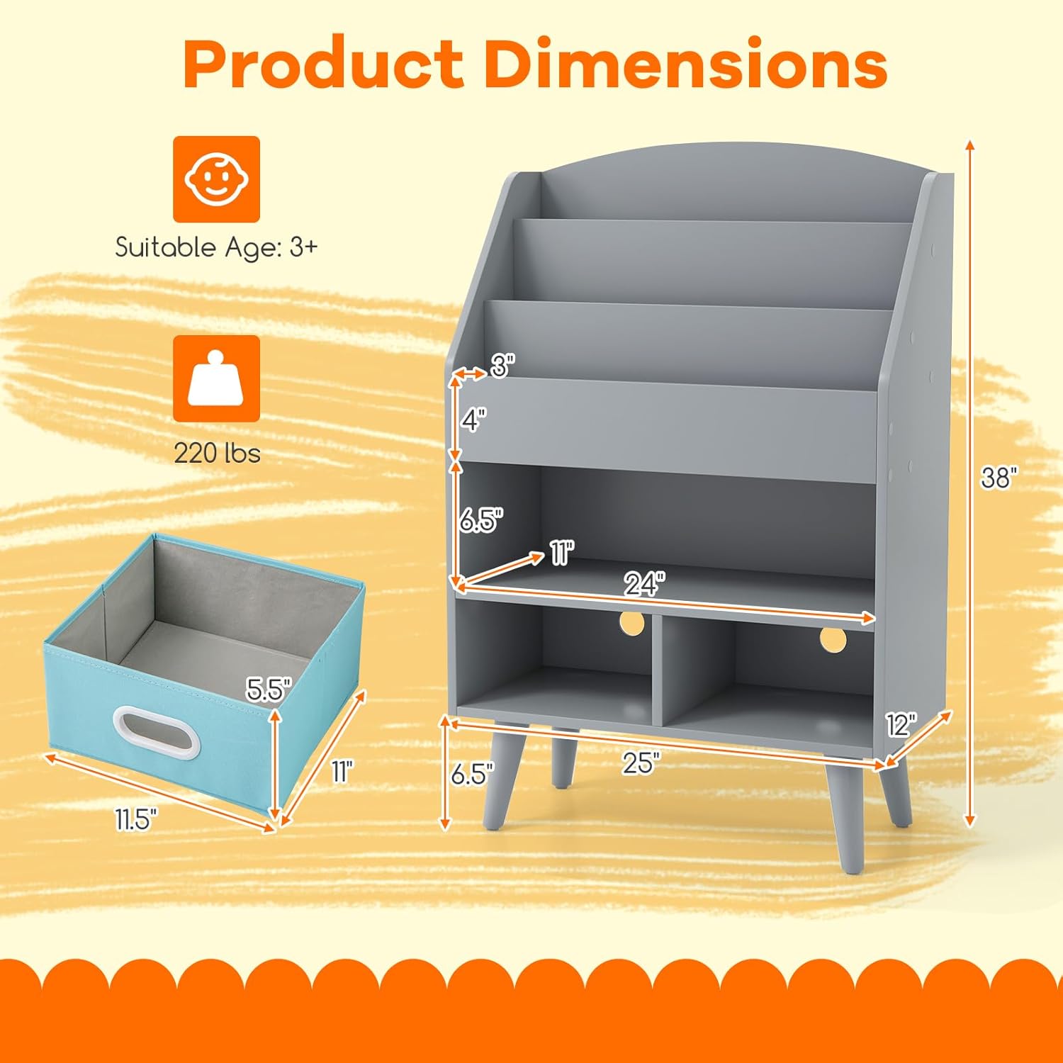 HONEY JOY Kids Bookshelf, Wooden Book Shelf for Kids Rooms with Toy Storage Organizer, Easy Reach Toddler Children Bookshelf with 2 Cube Bins, for Classroom, Playroom, Nursery, Kindergarten (Gray)