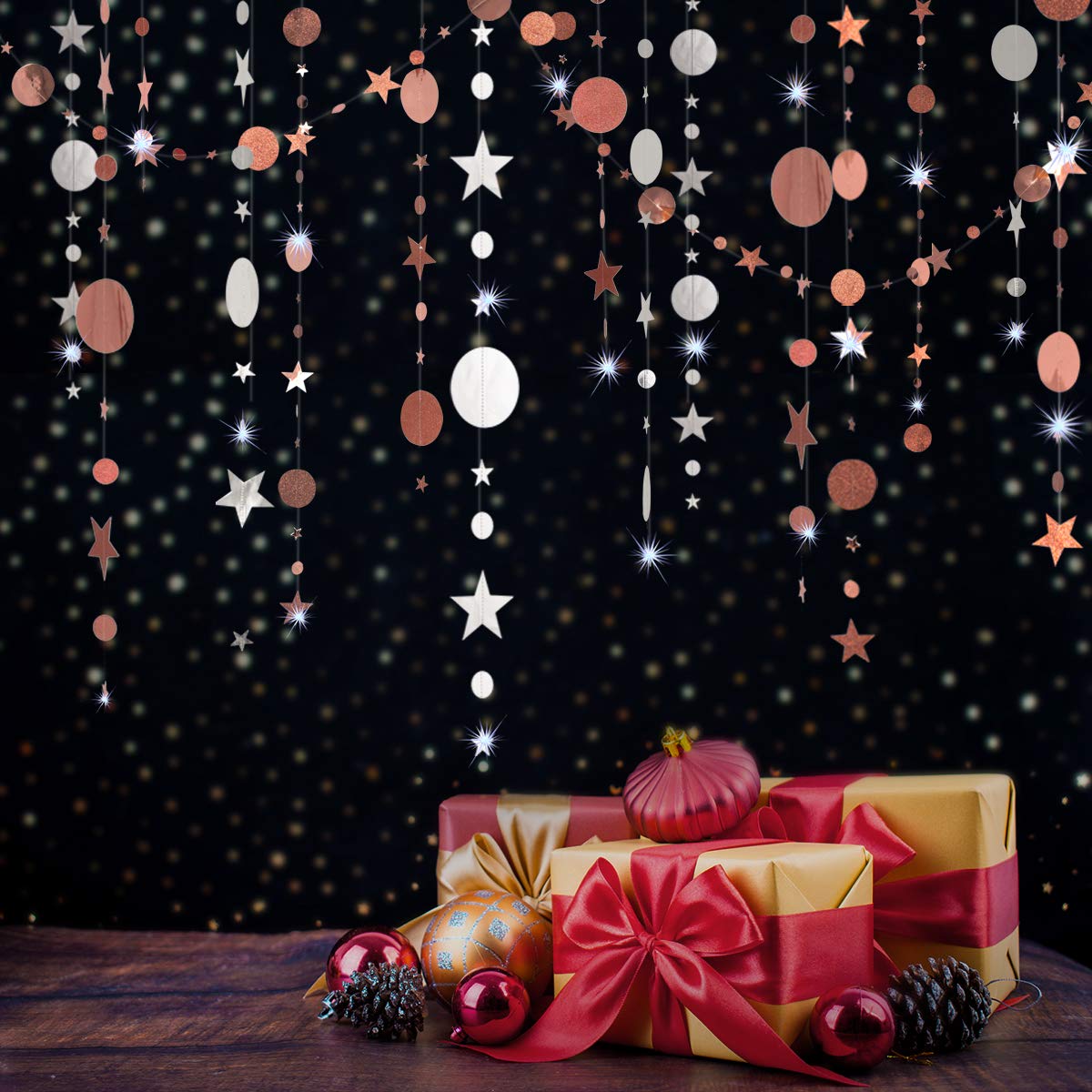 Wewind Party Decorations Rose Gold Décor Birthday Wedding Streamers for Girls Women Silver Garland Circle Dots Stars Wall Decorations for Holiday Festivals Anniversary Engagement Bridal Shower 52ft