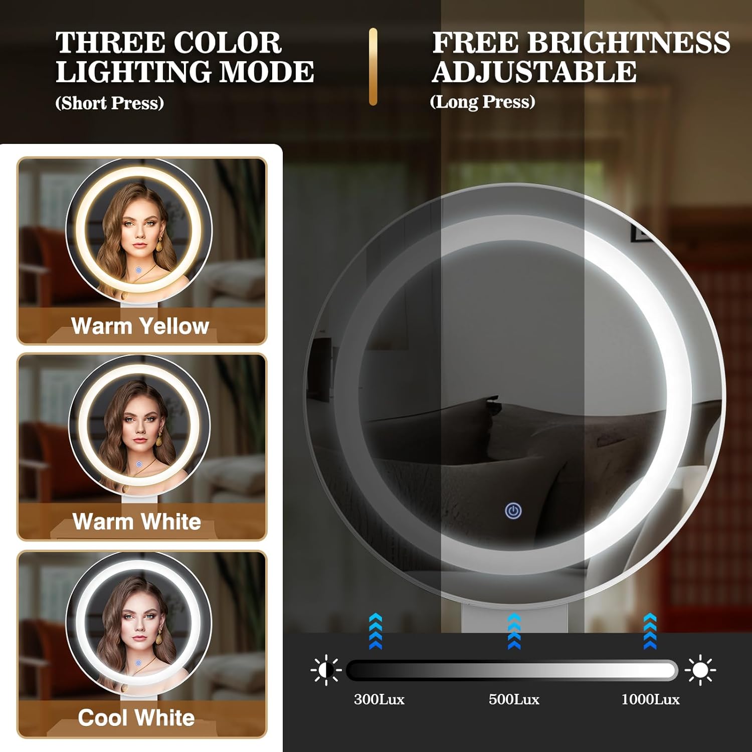 LED mirror with three color lighting modes and brightness adjustment