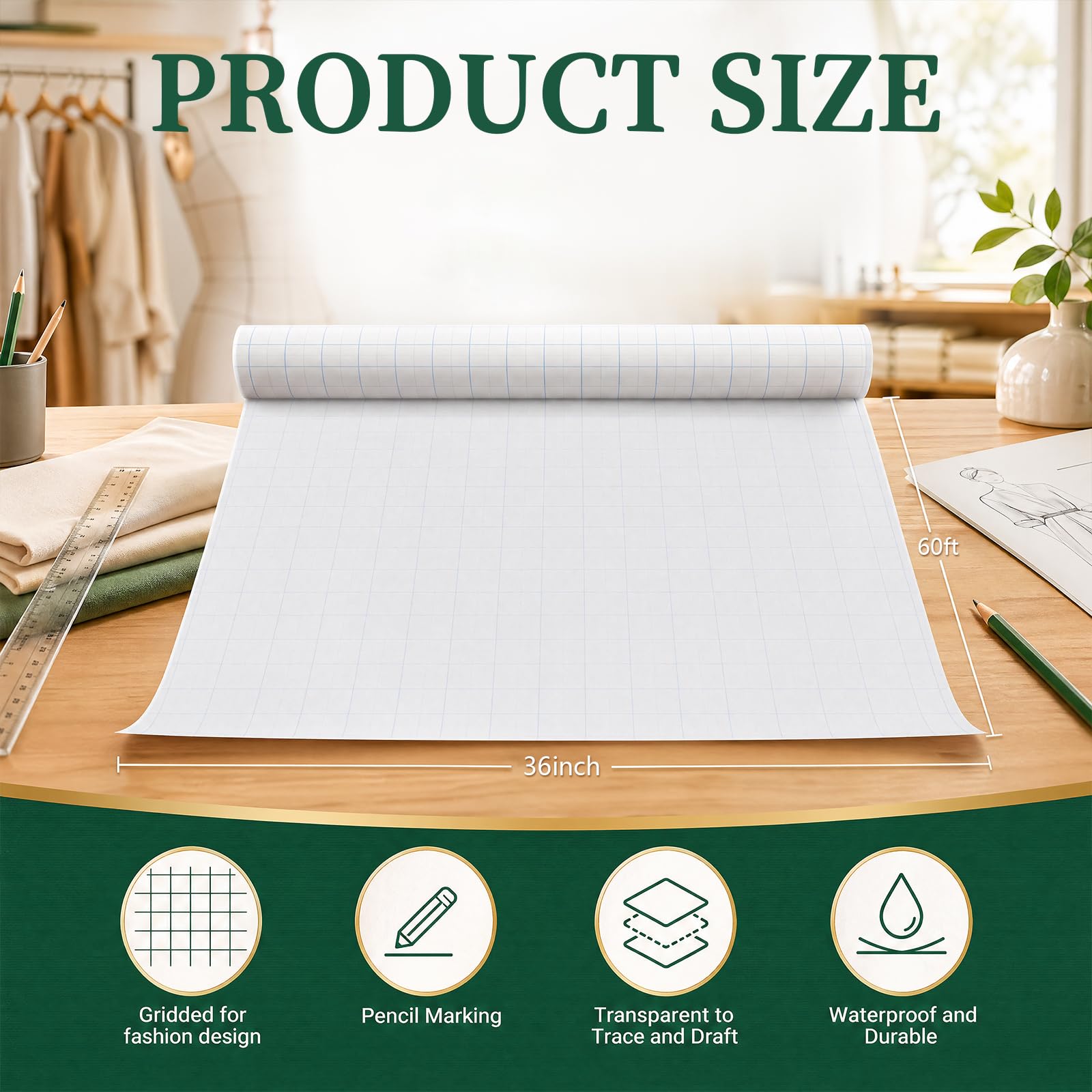 Tinlade Papel con patrón de cuadrícula blanca para costura, 91,4 cm x 50,8 m, rollo de papel de calco para patrones de costura, trazado, dibujo, costura, manualidades, bocetos, suministros de