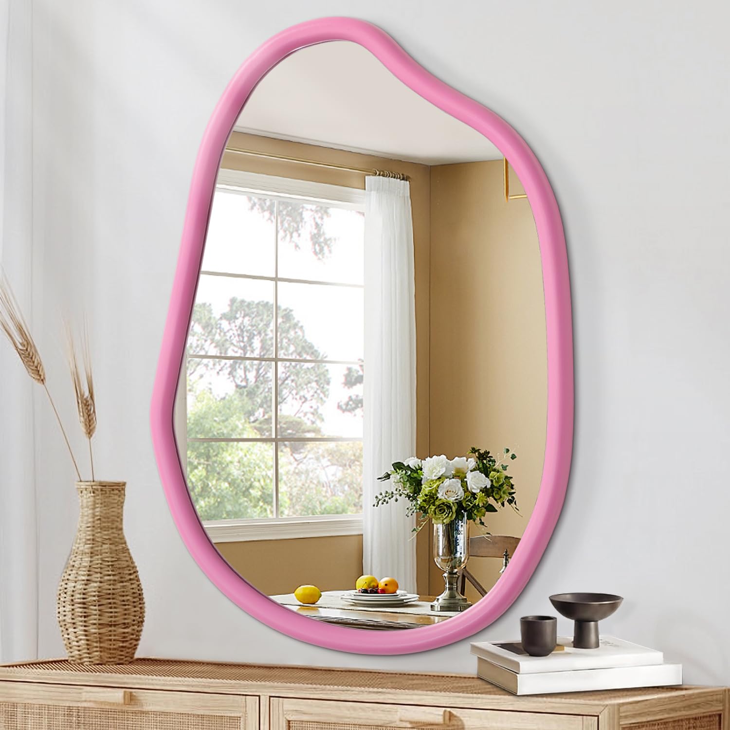 HLFMVWE Espejo asimétrico para la pared Marco de madera irregular Espejo de pared moderno único Espejo decorativo Entrada Baño Salón Dormitorio Espejo Rosa Grande 50 x 40 cm