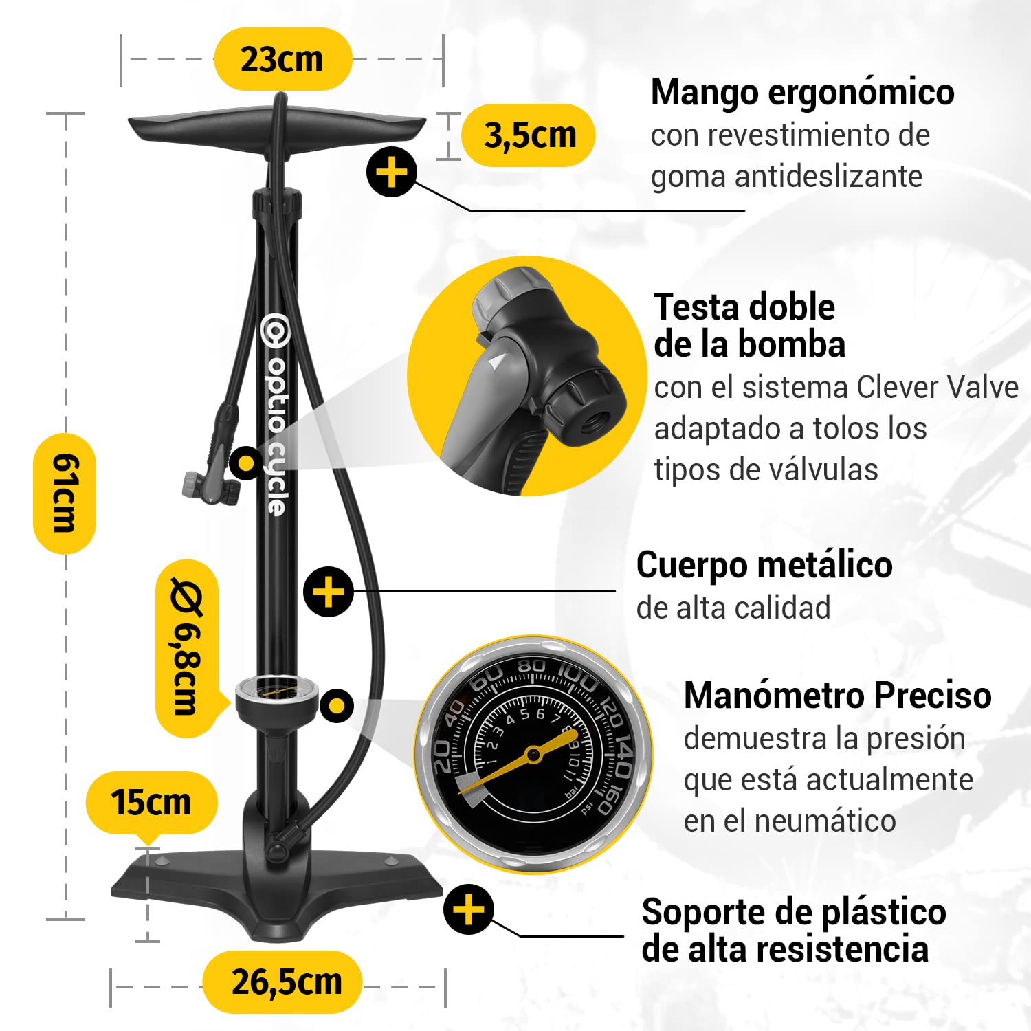 Bomba de Pie para Bicicleta – Inflador con Manómetro hasta 11 Bar / 160 PSI | Bomba Bicicleta de Pie para Presta y Schrader | Hinchador Bici Manual para MTB, E-Bike y Carretera