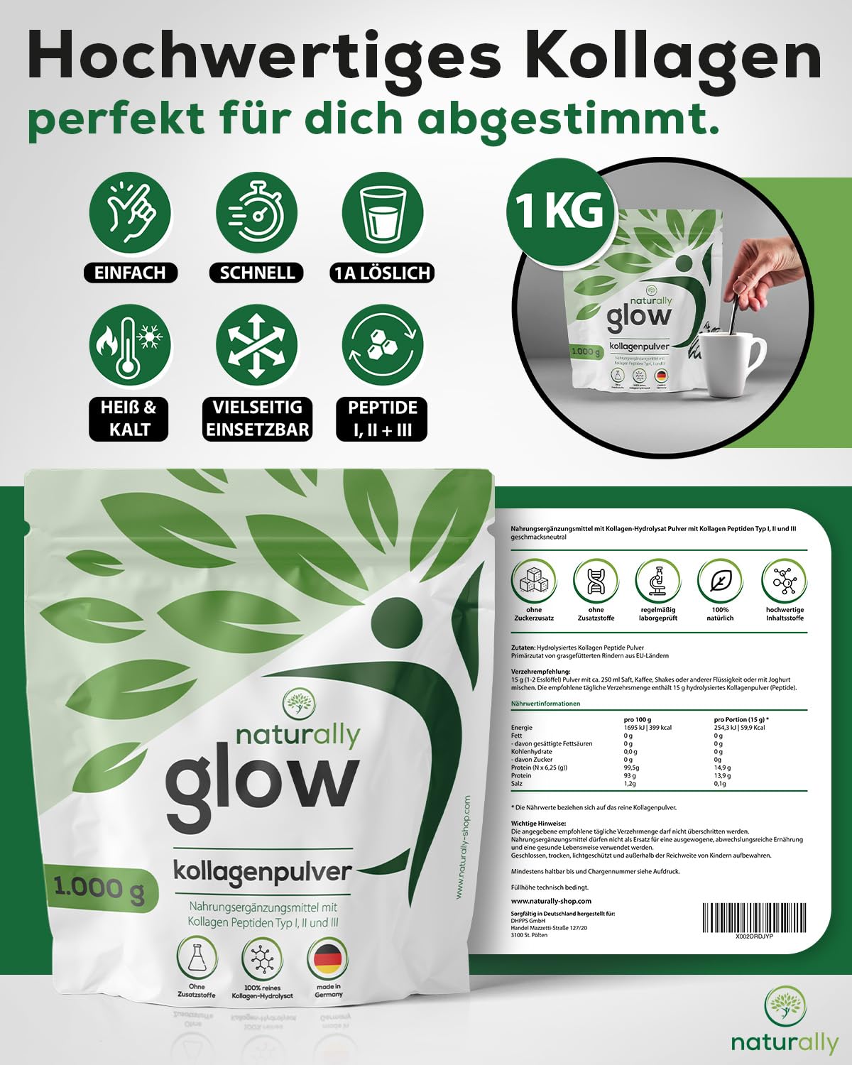 naturally Glow Collagène en poudre 1 kg - Peptides de collagène de bovin hydrolysé | Sans goût et soluble, peptides de collagène de type I, II, III, ~66 portions, poudre de collagène de qualité supérieure