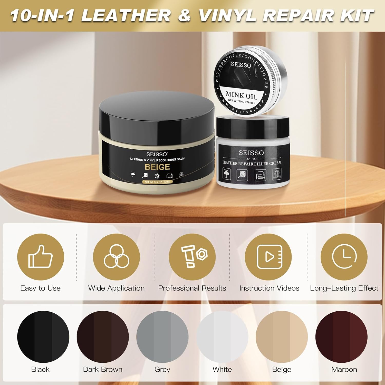 SEISSO Leather Repair Kit for Furniture, Beige Vinyl Repair Kit with Mink Oil for Couches, Color Restorer Conditioner, Leather Recoloring Balm for Scratches, Fading Shoes, Car Seat, Sofa