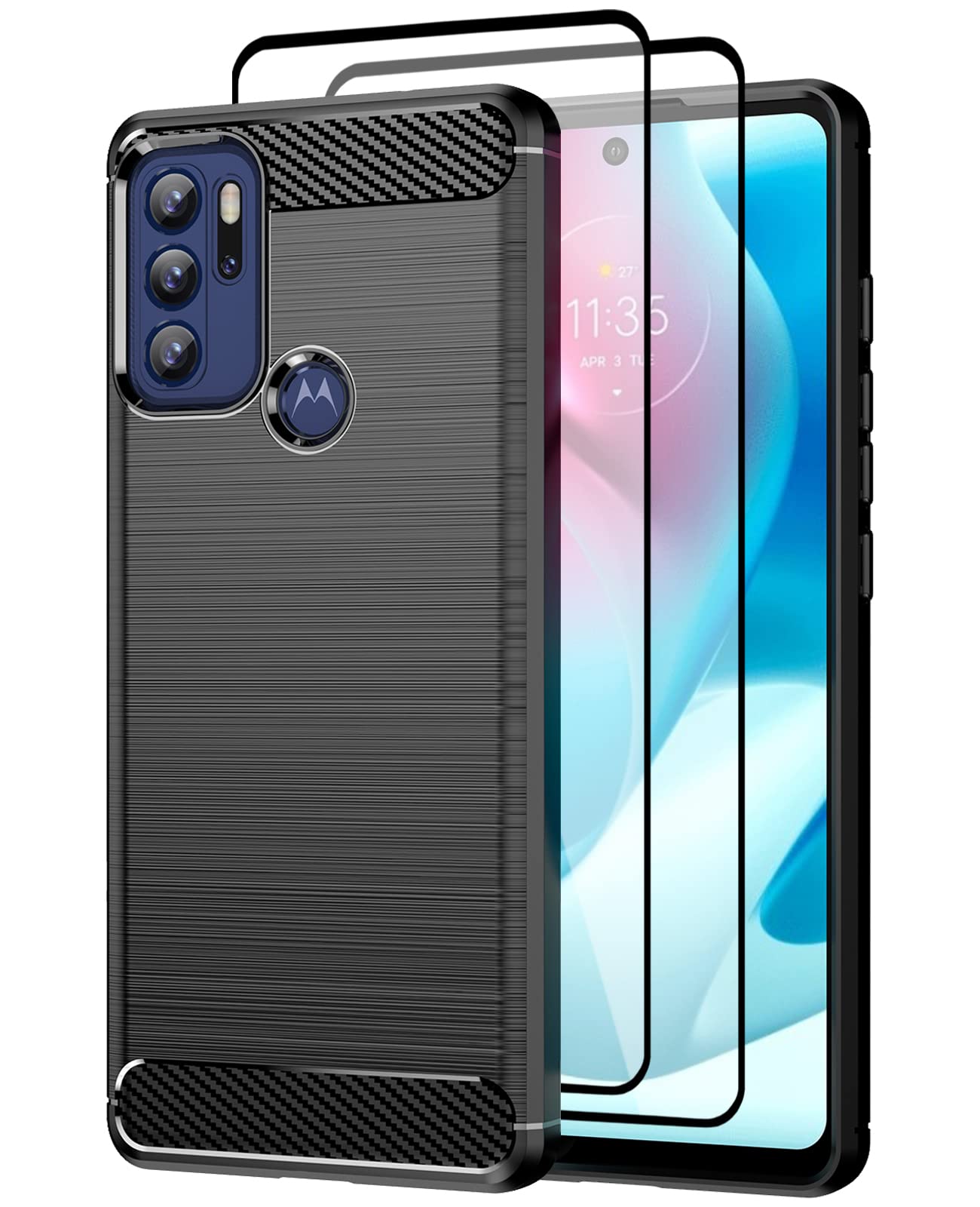 Teayoha Case for Motorola Moto G60s,with Tempered Glass Screen Protector [2 Pack], Carbon Fiber Scratch Resistant, Shock Absorption Soft TPU Drawing Protective Cases Phone Cover - Black