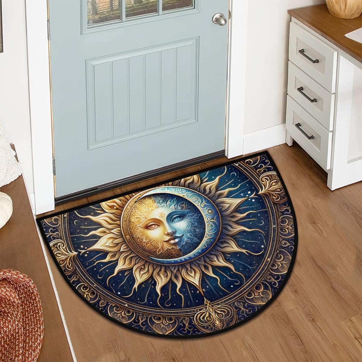 Ethnic Sun Boho Half Round Door Mat Non-Slip Semi Circle Rug Washable Half Moon Floor Rug Absorbent Bathroom Area Rugs for Outdoor Indoor Fireplace Mat Entryway Kitchen Decor Rugs