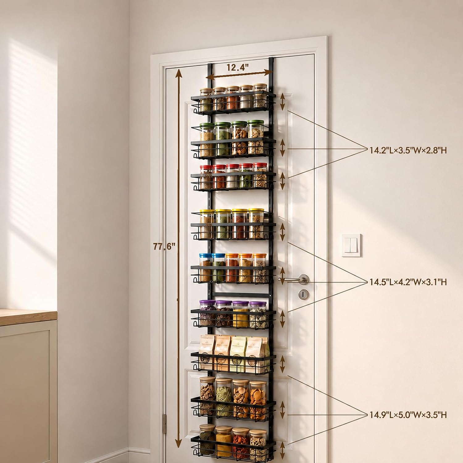 9-Tier Over The Door Pantry Organizer – Spice Rack with Side Hooks, Hanging Storage Basket for Back of Door, Home & Kitchen Essentials for Laundry Room & Bathroom Organization – Black