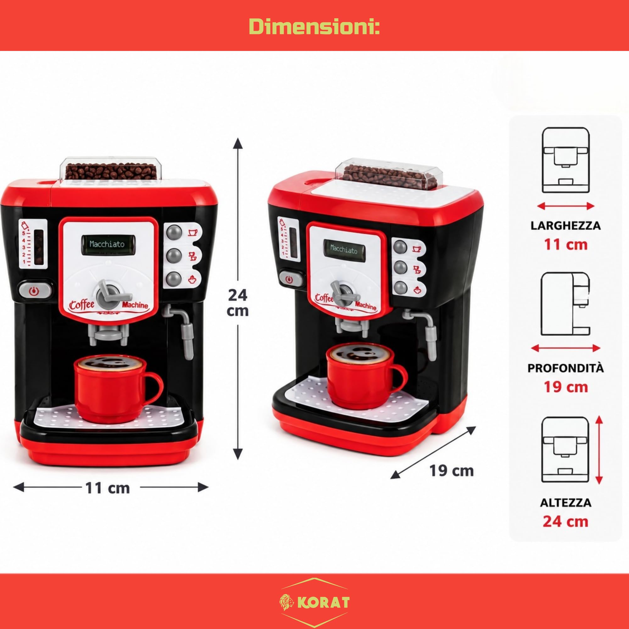 KORAT Macchina Caffè Giocattolo Bambini con Luci e Suoni, Effetto Vapore, Pulsanti Interattivi, Gioco Educativo di Ruolo in Plastica Sicura e Resistente, Dimensioni 19x11x24 cm 3+ Anni