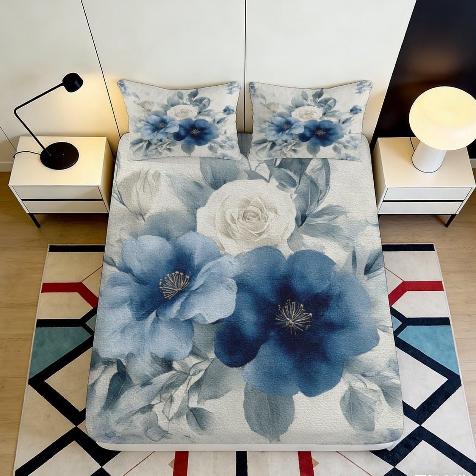 K1r3d9e5 Style-9 3D Printed Blue Floral Fitted Sheet Microfiber Soft Bedroom Decor Abstract Blossom Mattress Cover For Home Adult Teen 90X200x25cm