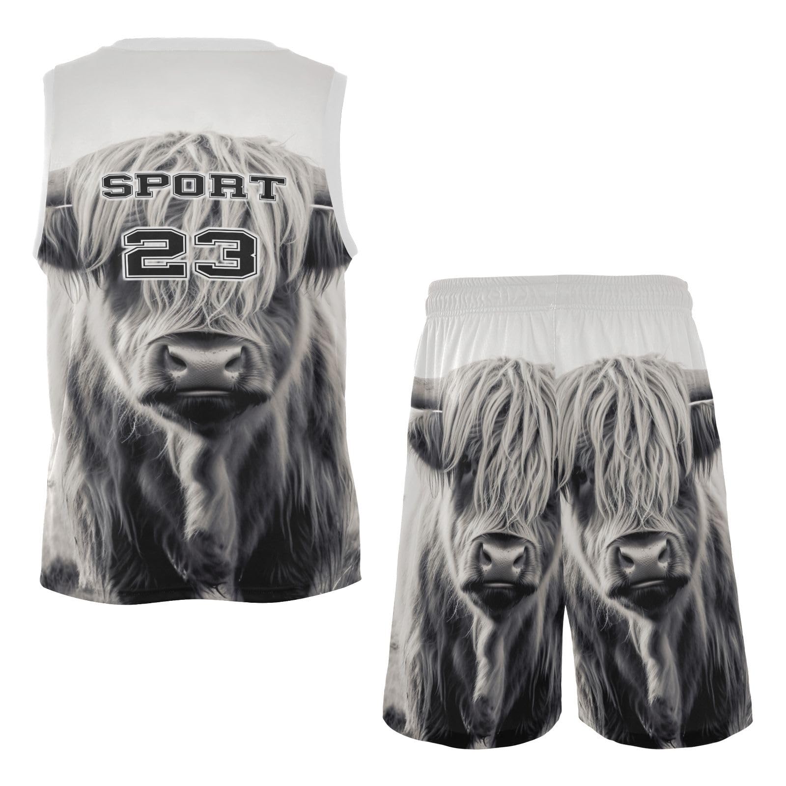 FLildon Highland Cow Boys Basketball Jersey Set Tank Top Shorts Tracksuit Sport Training Suit for Kids, XL