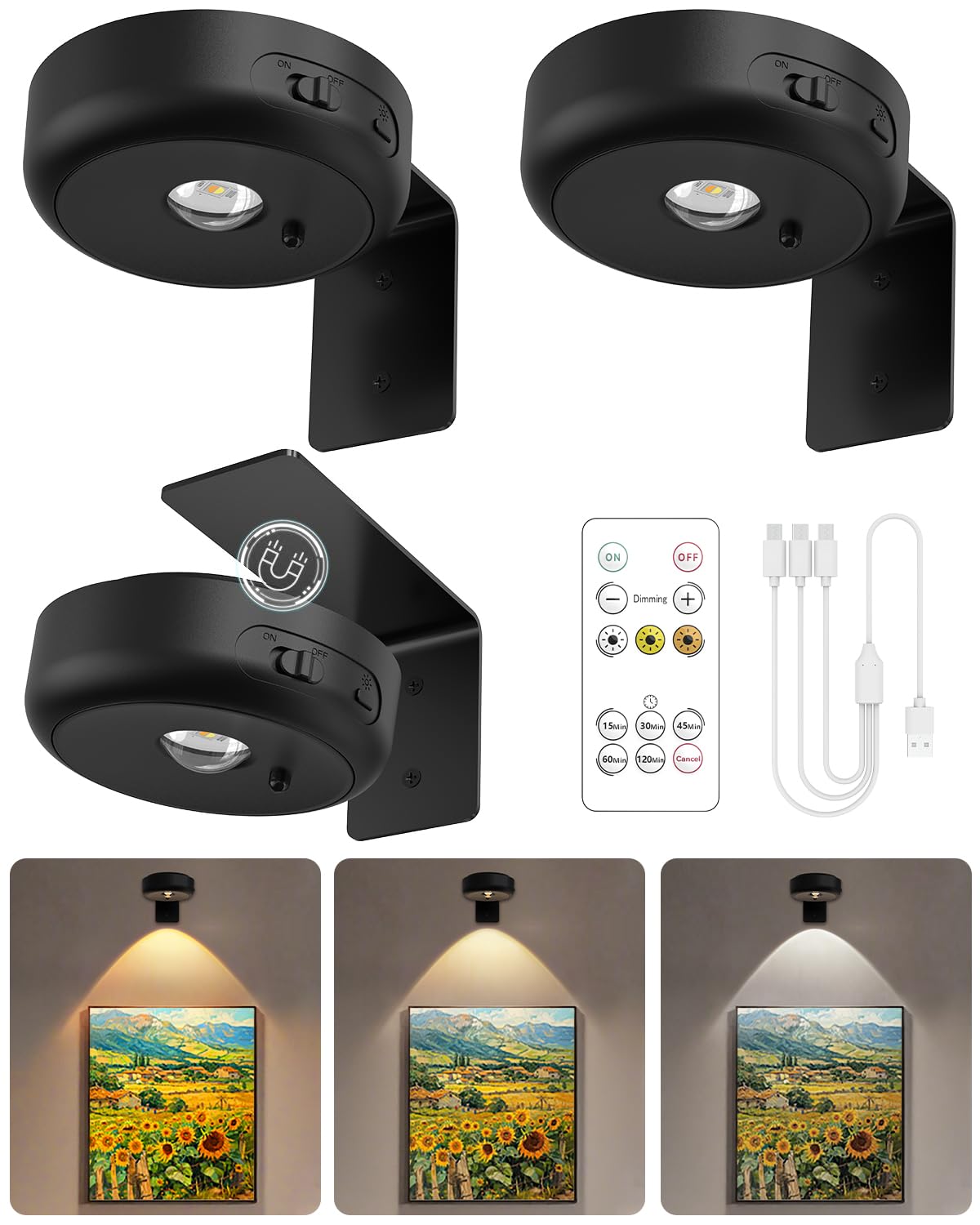 GOODEA Bilderleuchte Kabellos 2200mAh Aufladbar LED Spot Akku mit Fernbedienung und Timer- 3 Farben Dimmbar Bildbeleuchtung Kabellos Licht für Wand Bild Vitrinen Halloween Beleuchtung, 3er Set