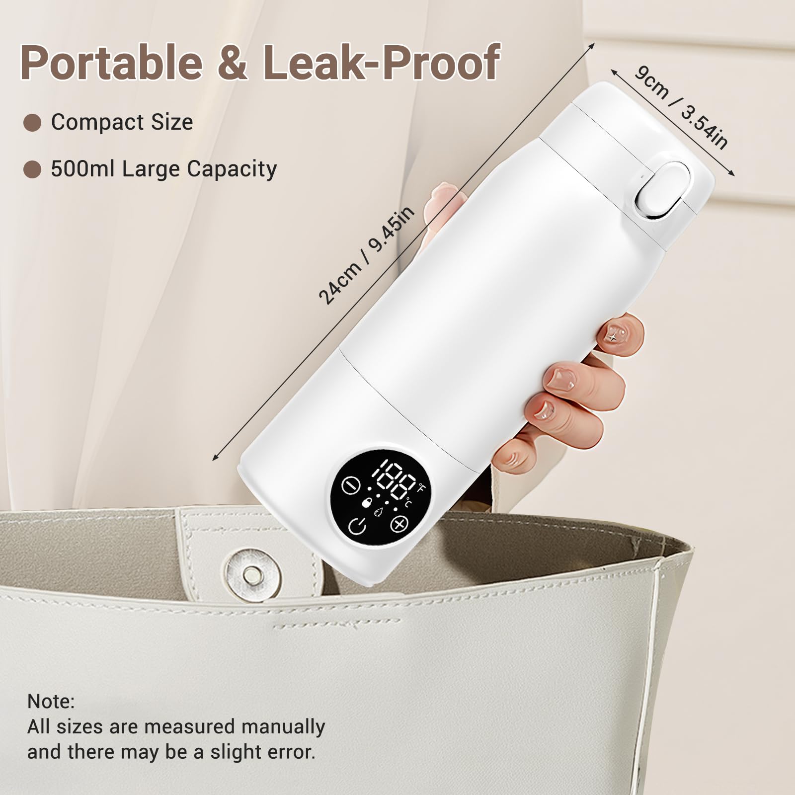 Scaldabevande portatile 500ml, sterilizzazione, batteria 11000mAh, riscaldamento 3min, display LED, mantenimento 24h, senza BPA per auto, campeggio, gite