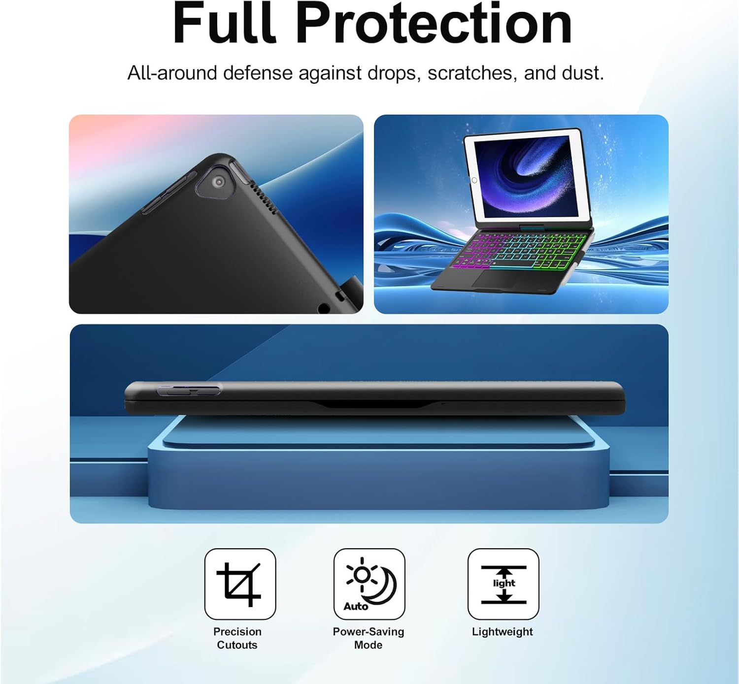 Baisla iPad 9th Generation Case with Keyboard 10.2" (2021), 360° Rotatable with Trackpad & Rainbow Backlit, iPad Keyboard case for 9th/8th/7th, iPad Air 3, iPad Pro 10.5 (Matte Black)