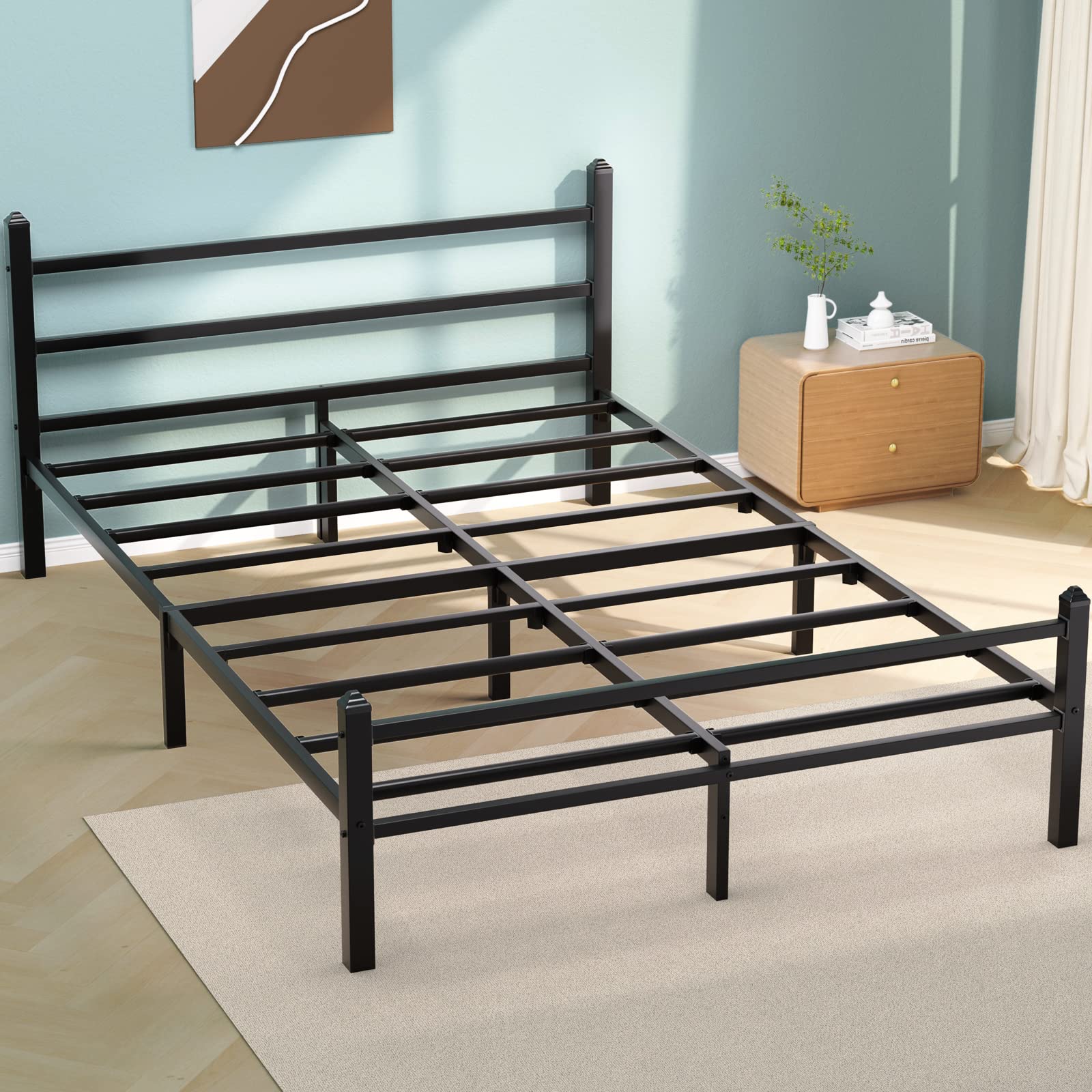 Photo 1 of GreenForest Queen Size Bed Frame with Headboard Easy Assemble Metal Platform Bed Base with Heavy Duty Support Mattress Foundation No Box Spring Needed, Queen