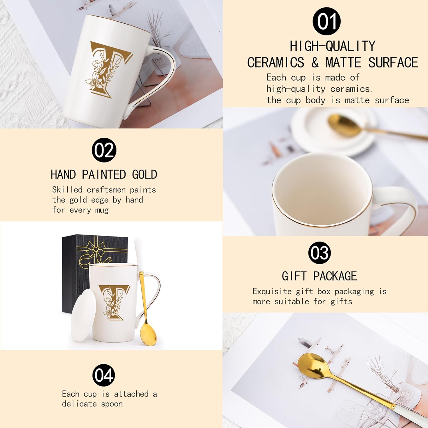 Letter T Personalized Initial Mugs with Flower, Letter T Personalized Coffee Mug, Customized Cool Letters Mugs for Women, Bridal Shower Gifts, Women's Initials Gifts Mug 14 OZ Matte White - Image 5