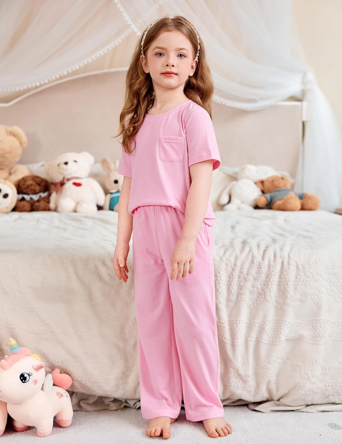 Arshiner Girls' Sleepwear Short Sleeve Long Pants Pajamas Sets Soft Loungwear for Kids - Image 8
