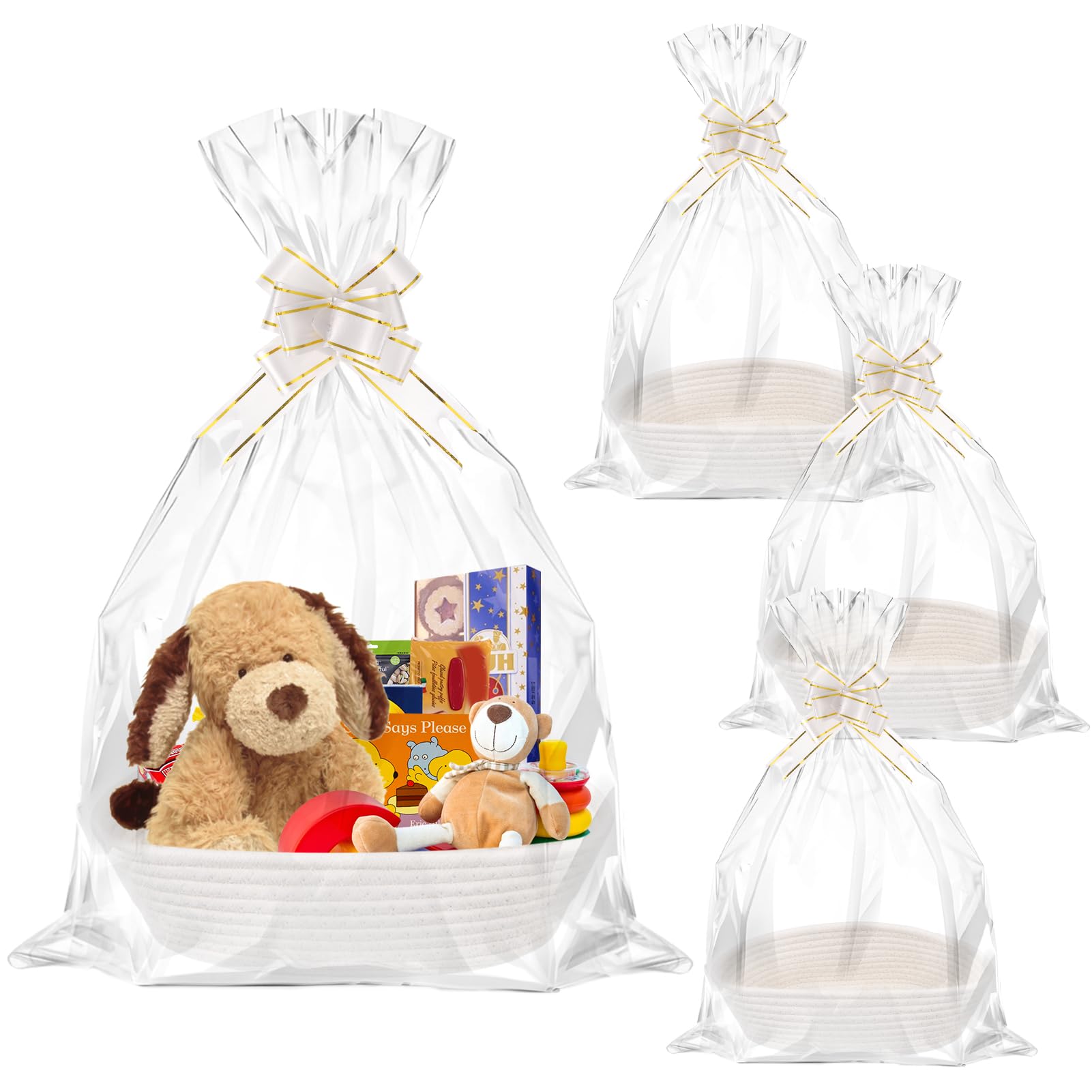 4 Set Gift Basket Hamper Kit with Cellophane Bags and Pull Bows Empty Gift Hampers Kit Cotton Rope Woven Storage Basket Set for Toy Storage Birthday Wedding Graduation Housewarming