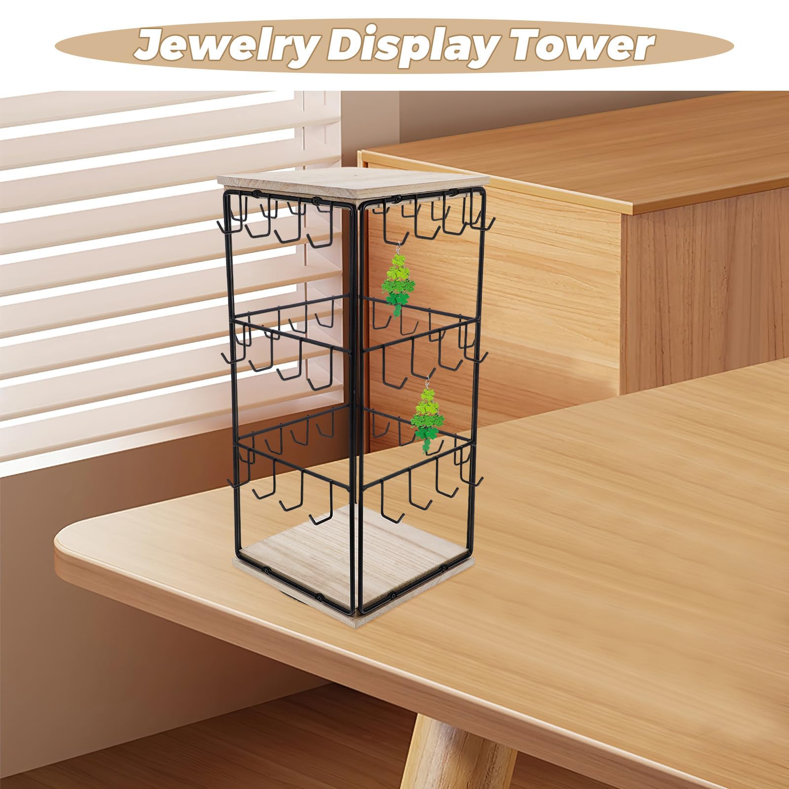 SHINEOFI Espositore per Orecchini in Legno Naturale 360° Girevole con Ganci Porta Gioielli Multiuso Compatto per Casa e Negozio