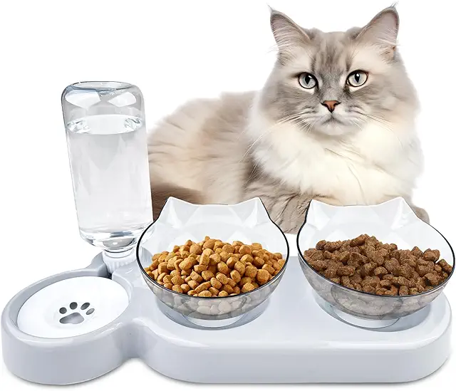 Gamelle Chat 3 en 1 Surélevée Inclinable 15° - Double Bol et Fontaine Eau