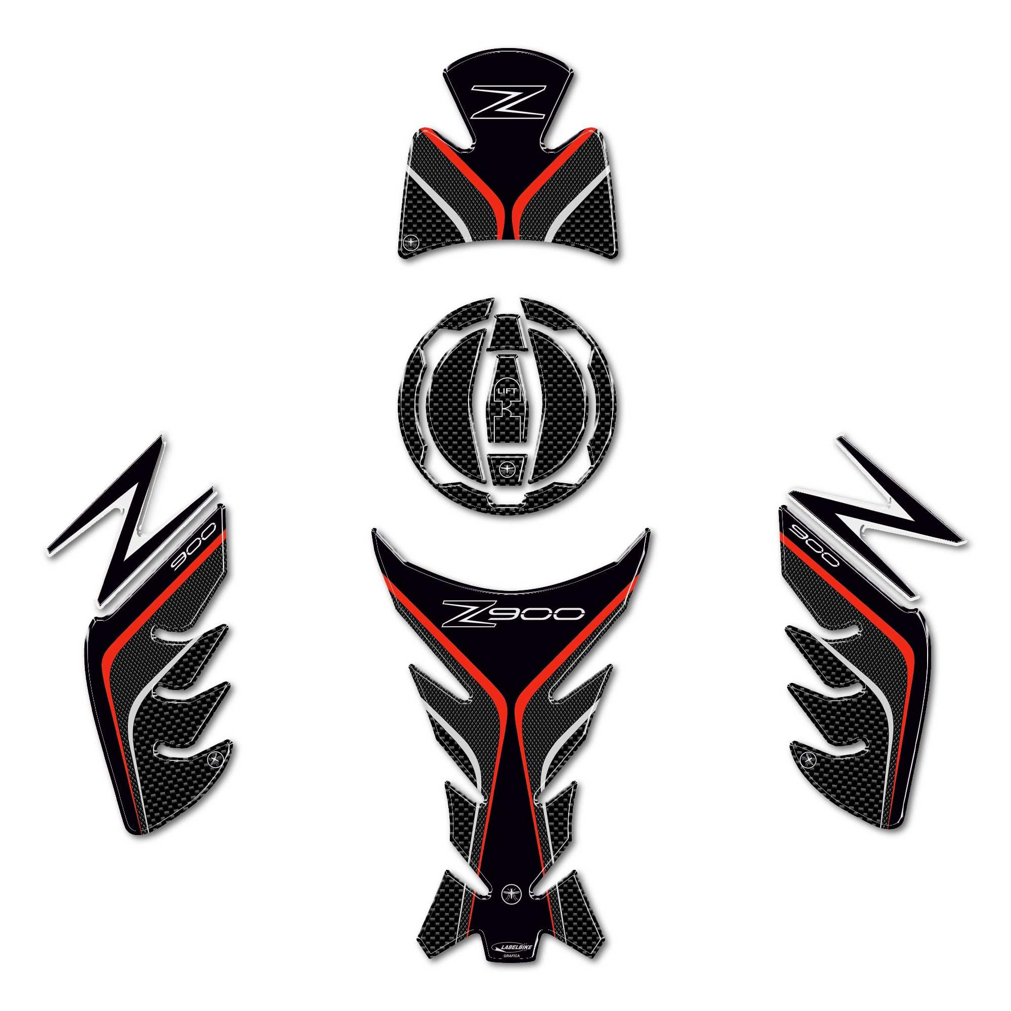 labelbike - Kit of 3D Gel Resin Stickers Decorations and Motorcycle Protections Compatible with Kawasaki Z900 - Carbon-Like Color with Gray and Red finishes