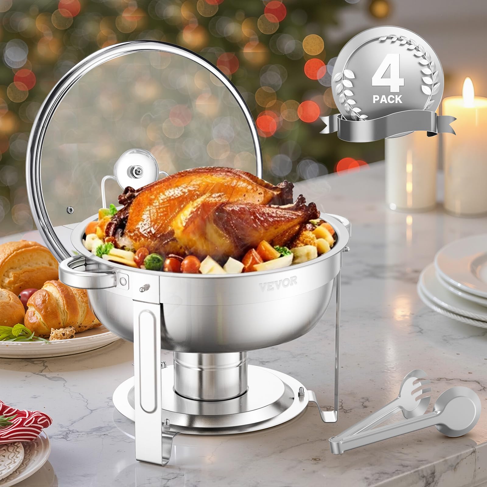 VEVOR Chauffe-Plat 4PCs 4,7 L, Buffet Chauffant Rond, Réchaud en Acier Inoxydable, avec 4 Bacs Pleine Grandeur et Couvercle en Verre, pour Buffet Libre-Service Hôtel Traiteur Restauration, Argenté