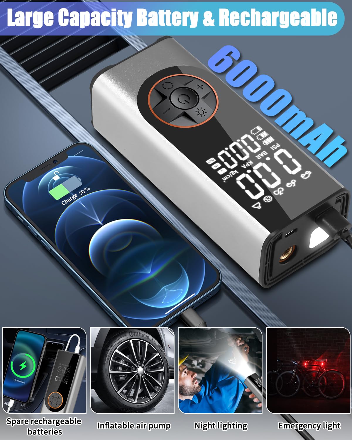 Gonfia Gomme Auto Portatile, 6000mAh 150PSI Mini Compressore Portatile Senza Fili, Gonfiatore Elettrico con 4 Ugelli, Torcia LED, Pompa Elettrica per Bicicletta per Auto, Moto, Biciclette e Palloni