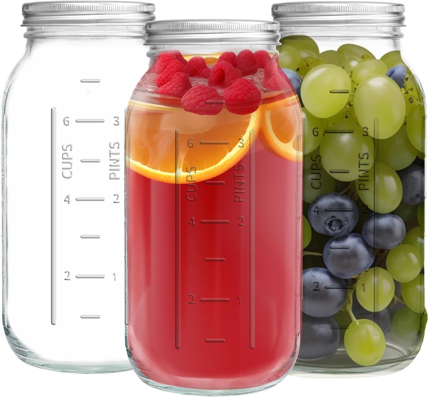 LATERN 3Pcs 64oz Wide Mouth Mason Jars, 1.9L Printed Glass Jars Leakproof Mason Glass Jar with Airtight Lid and Band for Preserving Jam Honey Jelly Sauces Meal Prep Overnight Oats Salad Yogurt