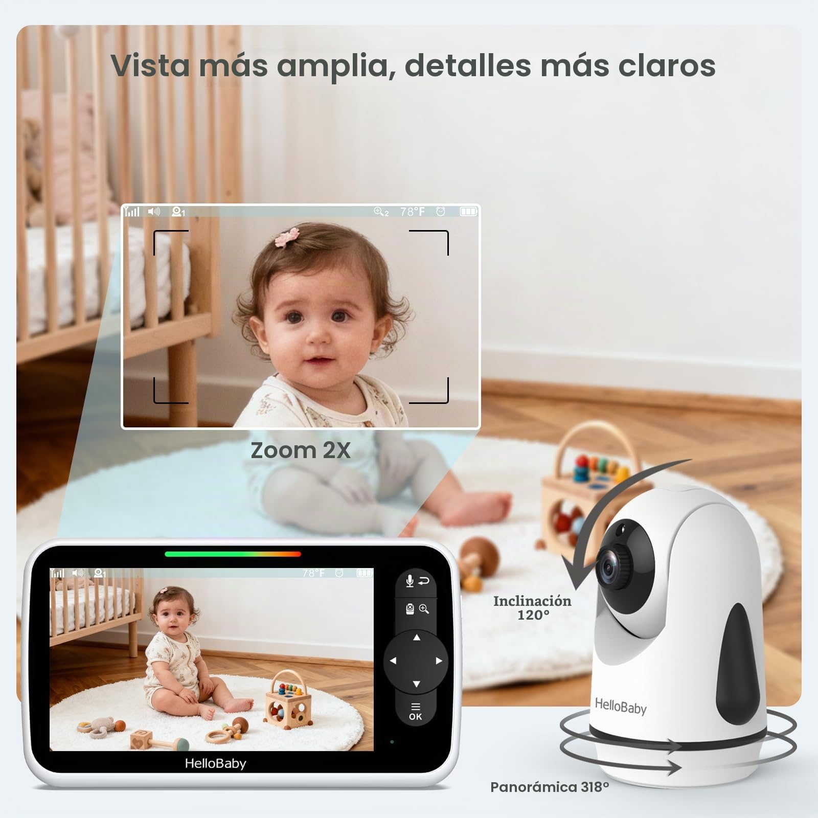 HelloBaby Monitor de Video para Bebés de 6", Pantalla Grande con Cámara y Audio, Batería de 4000mAh y Modo Eco, Visión Nocturna, Sin WiFi, Conversación Bidireccional y 8 Canciones de Cuna, Cámara PTZ