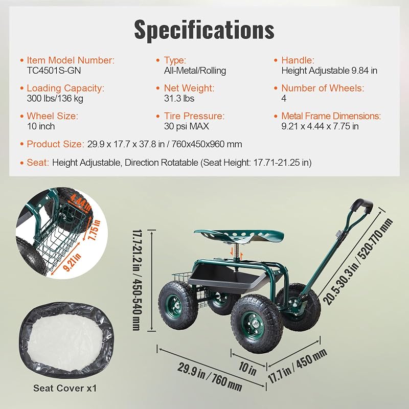 VEVOR Garden Cart Rolling Workseat with Wheels, Gardening Stool for Planting, 360 Degree Swivel Seat, Wagon Scooter with Steering Handle & Utility Tool Tray, Use for Patio, Yard, and Outdoors, Green image 7