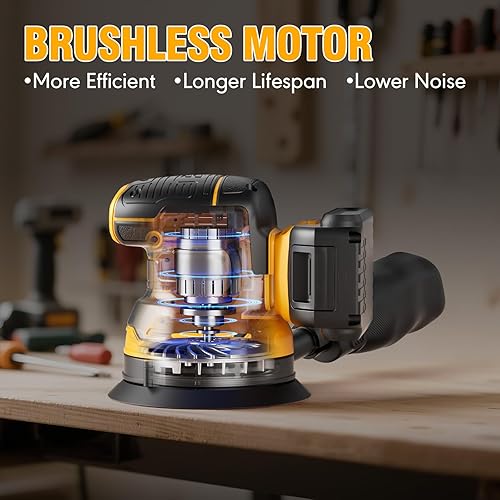 Miniatura 5 de Lijadora orbital aleatoria para batería Dewalt de 20 V, lijadora inalámbrica de palma de 5 pulgadas con 10 piezas de papel de lija, 3 velocidades